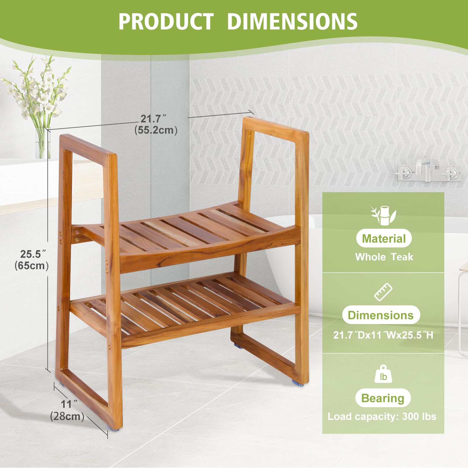 Premium Teak Shower Bench with Arms & 2-Tier Storage Shelf - 21