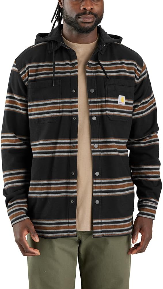 Carhartt Rugged Flex® Relaxed Fit Flannel Fleece Lined Hooded Shirt Jacket for Men - Warm Winter Workwear & Outdoor Activities (Black)