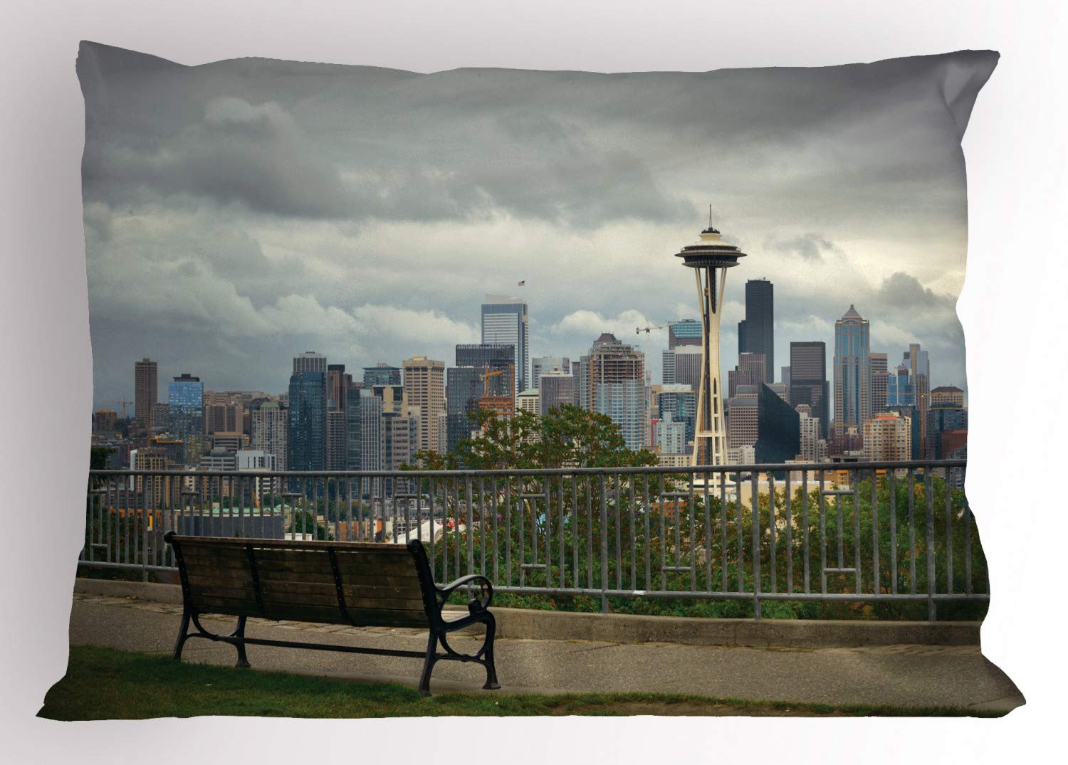 Ambesonne Seattle Skyline Pillow Sham - Real Image Kerry Park Urban Architecture & Bench - Decorative Standard Queen Size Printed Pillowcase 30