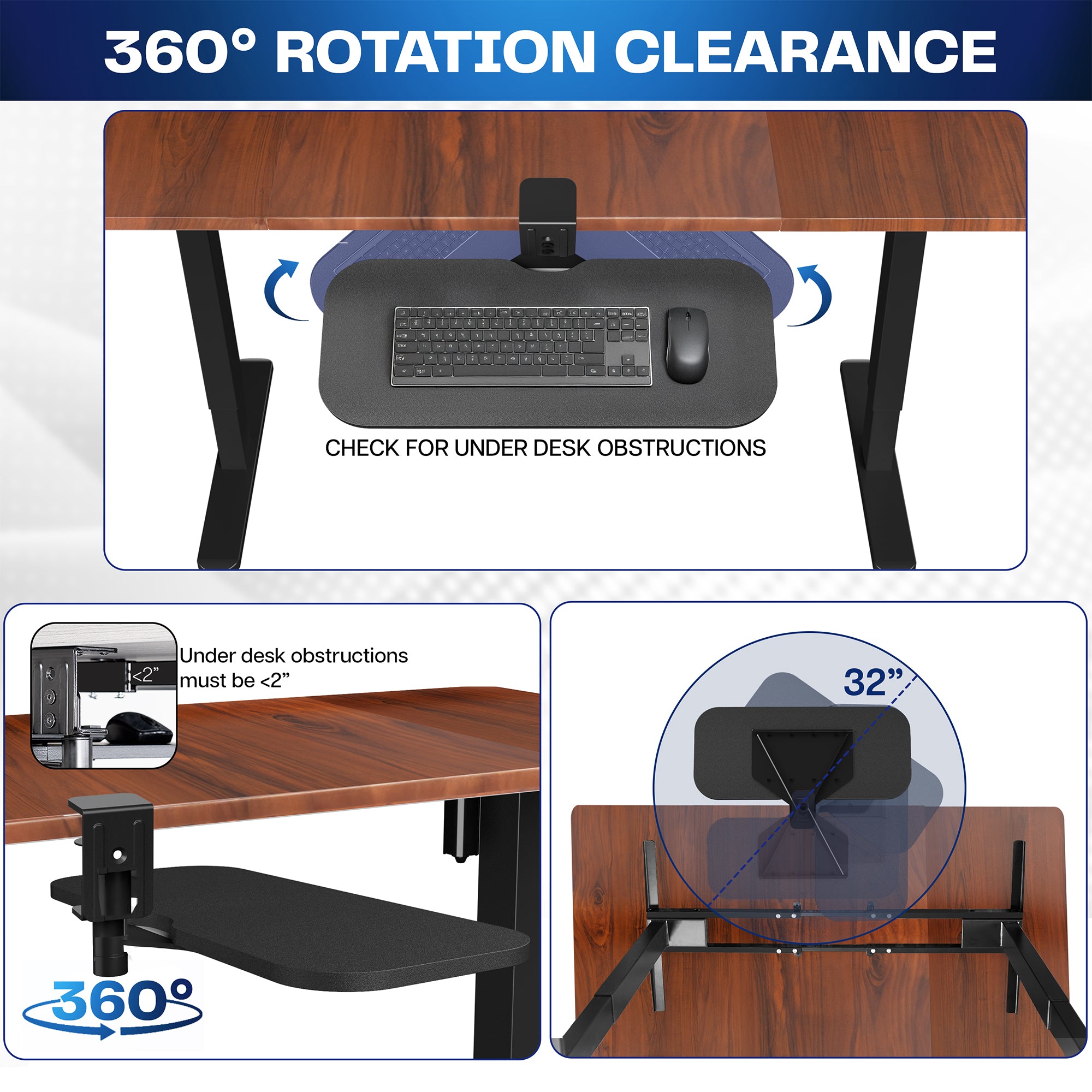 Adjustable Single Clamp Rotating Keyboard Tray - Ergonomic Under Desk Mount for Computer Workstations | Perfect for Office, Gaming & Home Use