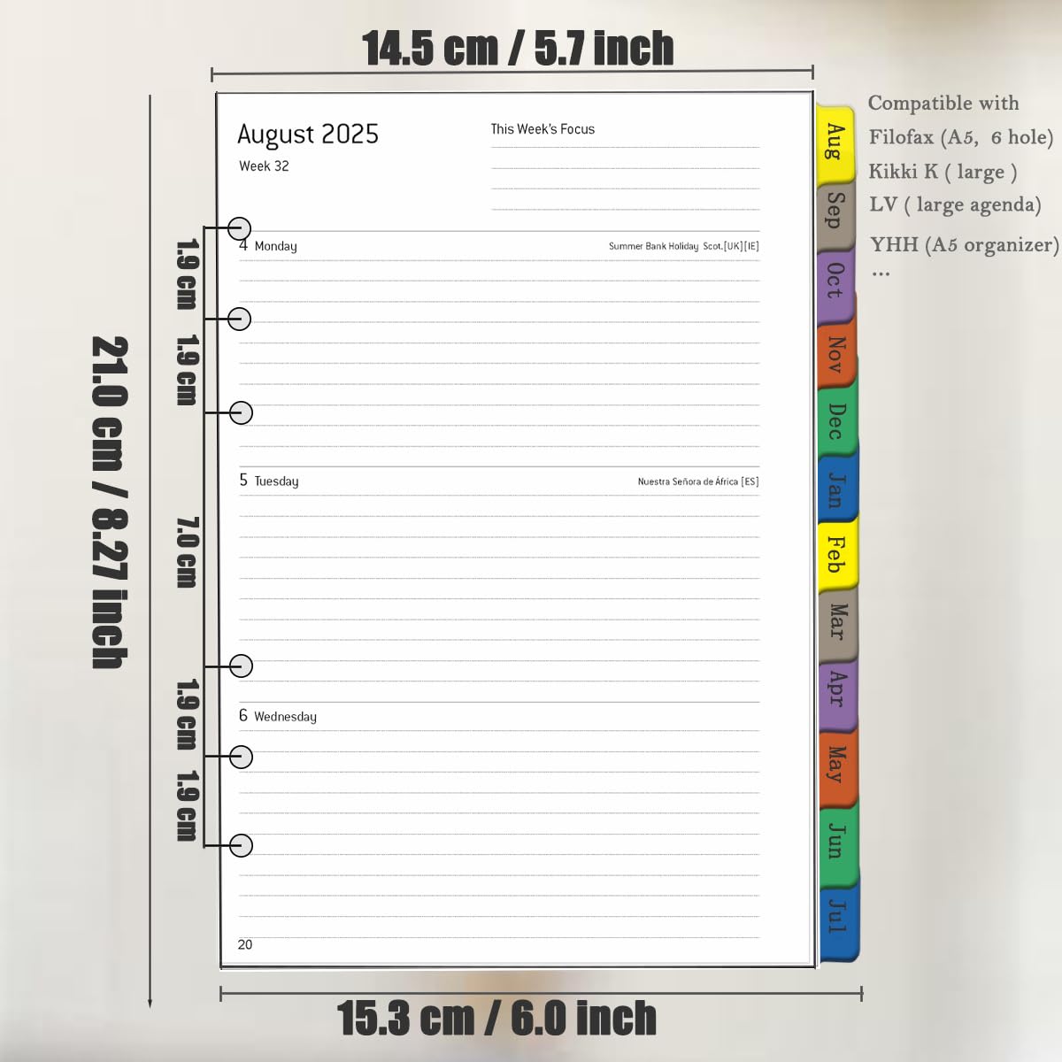 A5 Refillable Academic Diary 2025-2026 - 6-Hole Weekly Planner Inserts with Monthly Tabs | 1 Week on 2 Pages Organizer | Extra Notes, Contact & Timetable Sections | August 2025 to July 2026 | Perfect for Students, Teachers & Office Professionals