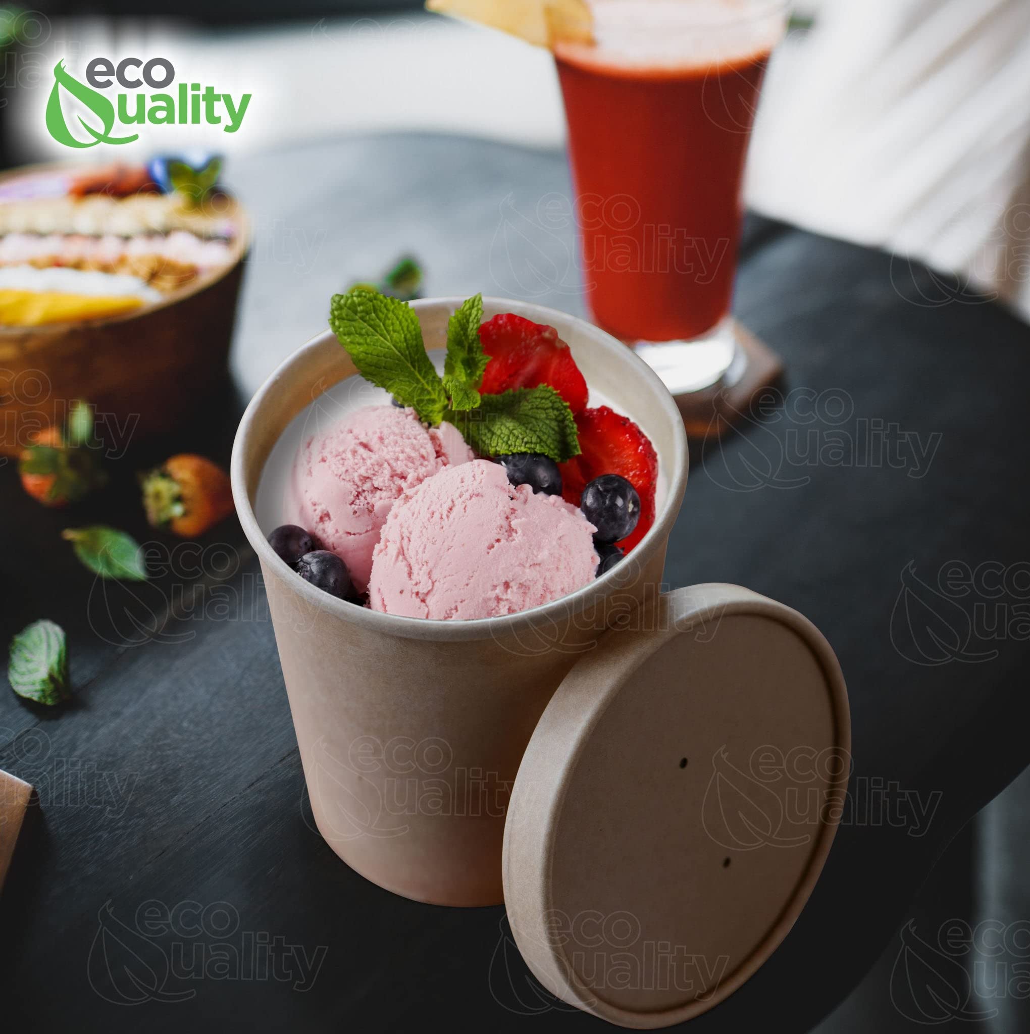 Eco-Friendly Disposable Kraft Paper Soup Containers with Lids - 32oz Round Paper Ice Cream & Dessert Bowls - Microwave & Freezer Safe Takeout Food Storage Containers (100 Pack) - Perfect for Parties, Catering, and Frozen Yogurt Shops