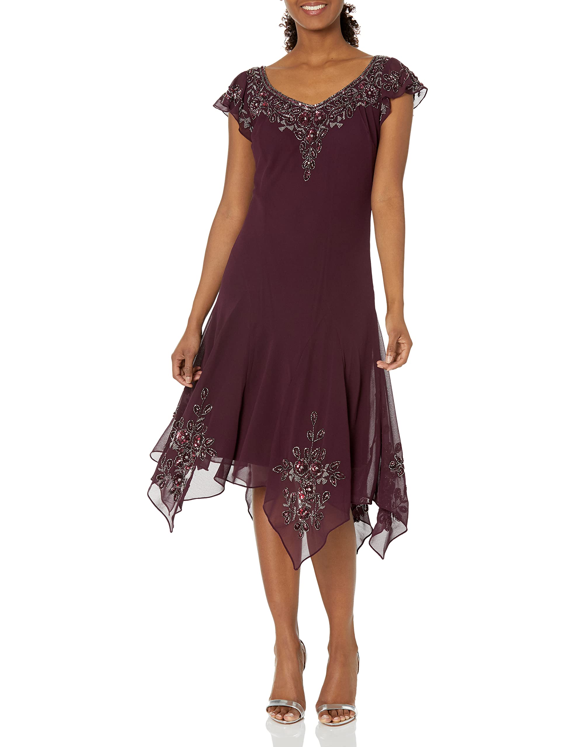 J Kara Women's Plus Size Petite Flutter Sleeve Hanky Hem Cocktail Dress with Beaded Details - Elegant Party Wear for Weddings, Evening Events & Special Occasions