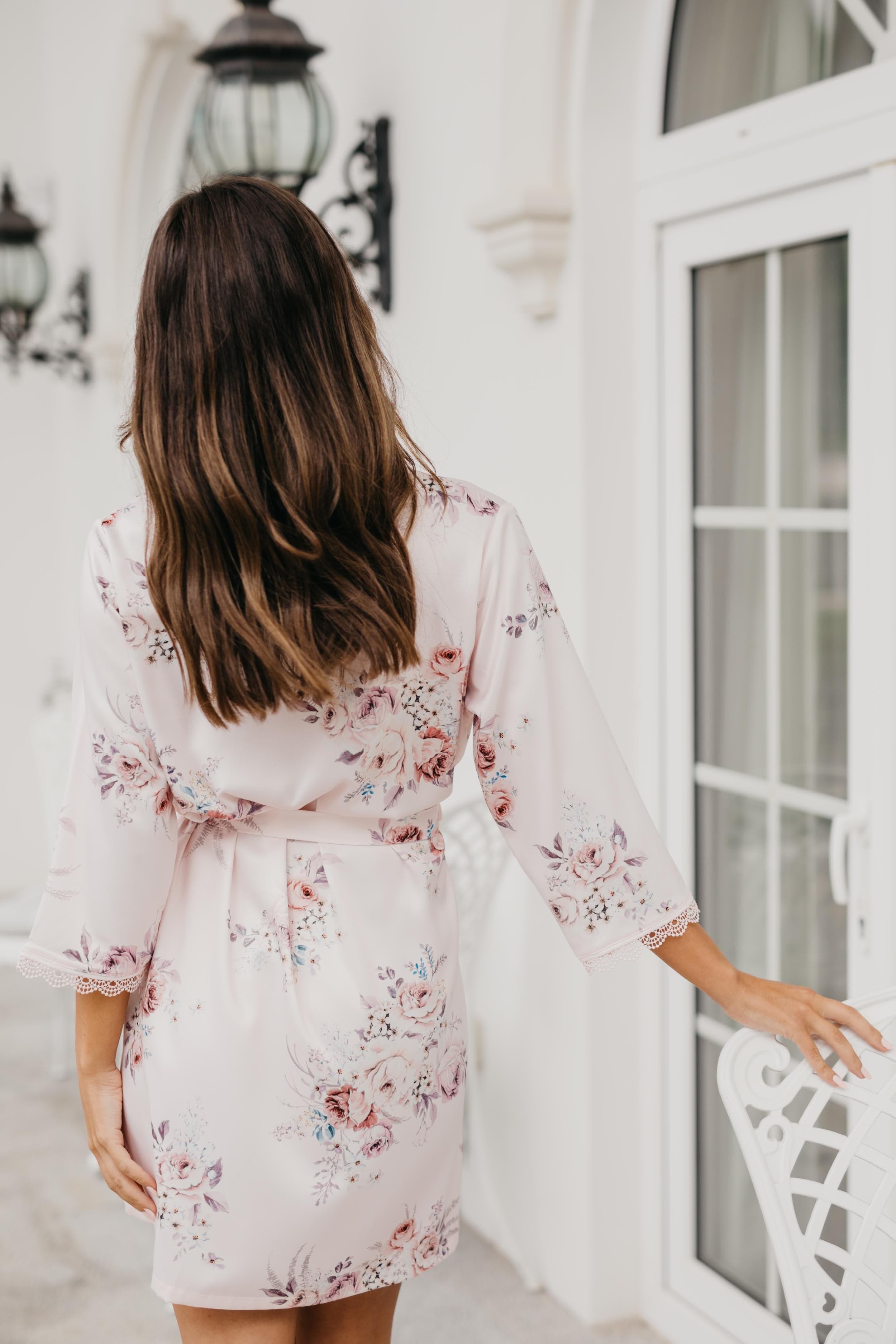 Elegant Rose Mist Floral Lace Trim Satin Robe - Women's Luxury Kimono Bathrobe for Bridal, Spa, Honeymoon & Boudoir Photography