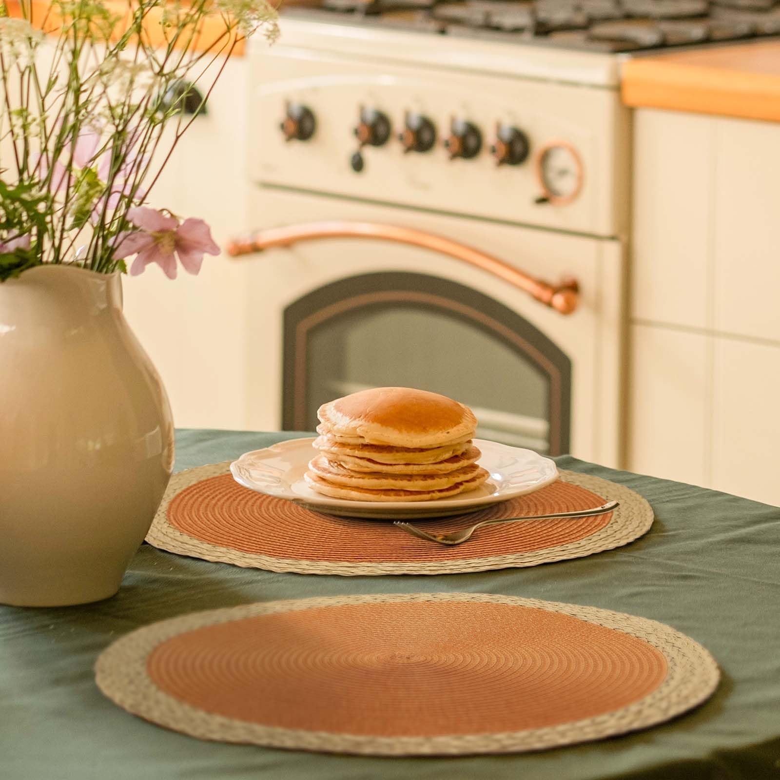 Noctiflorous Round Braided Placemats Set of 4 - 15 Inch Washable & Heat Resistant Table Mats for Dining - Non-Slip Indoor/Outdoor Placemats for Thanksgiving, Christmas, Easter - Perfect for Holiday Dinners, Parties, and Everyday Use (Orange Wide Edge)