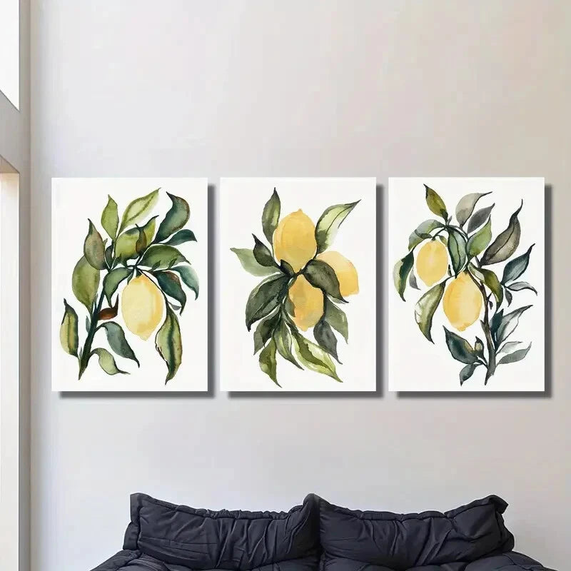 3-Piece Botanical Fruit Illustrations with Green Leaf - Metal Wall Art Prints Ready to Hang - Perfect for Kitchen, Dining Room & Home Decor
