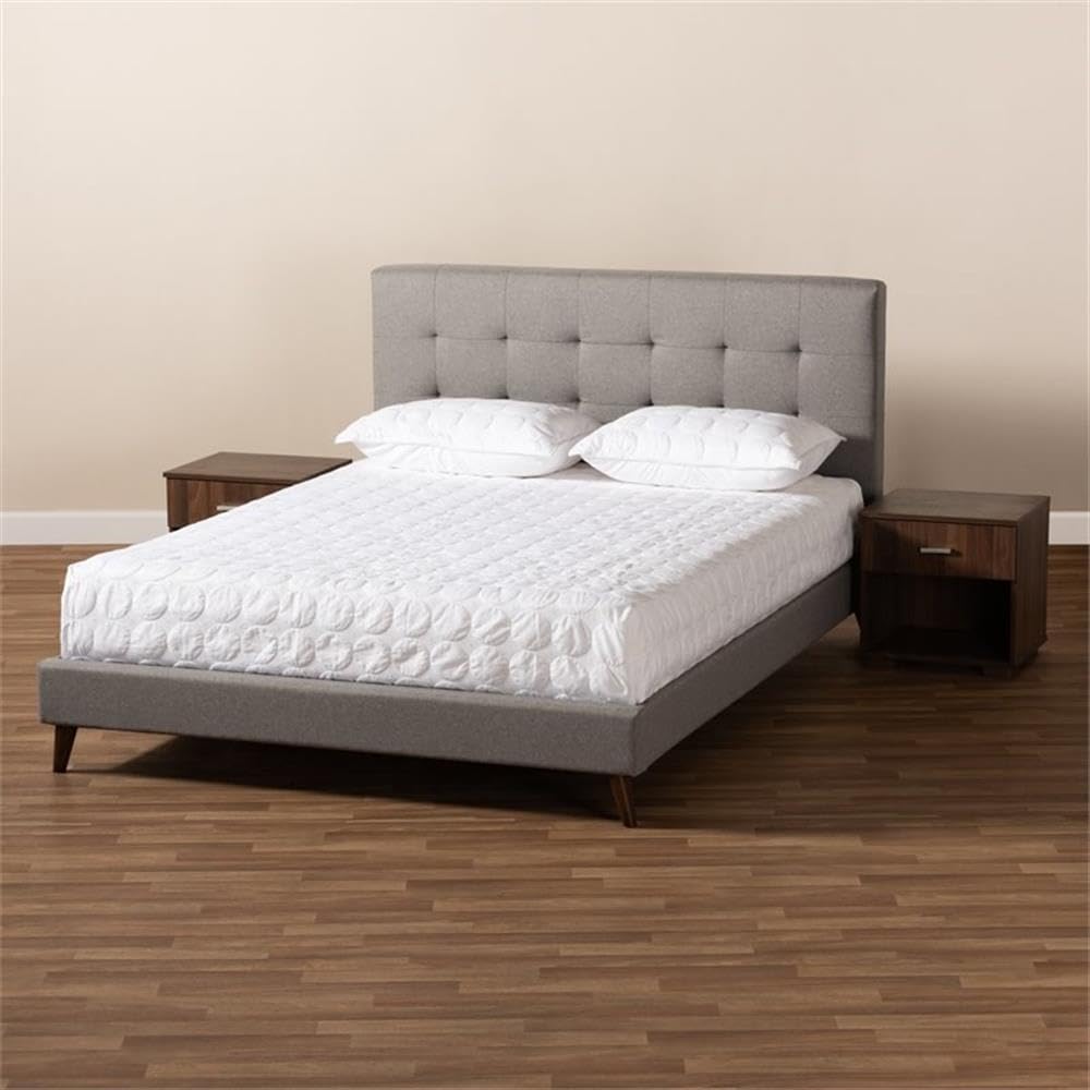 BOWERY HILL Queen Size Maren Light Grey Platform Bed with Nightstands - Modern Bedroom Furniture Set for Small Spaces & Guest Rooms