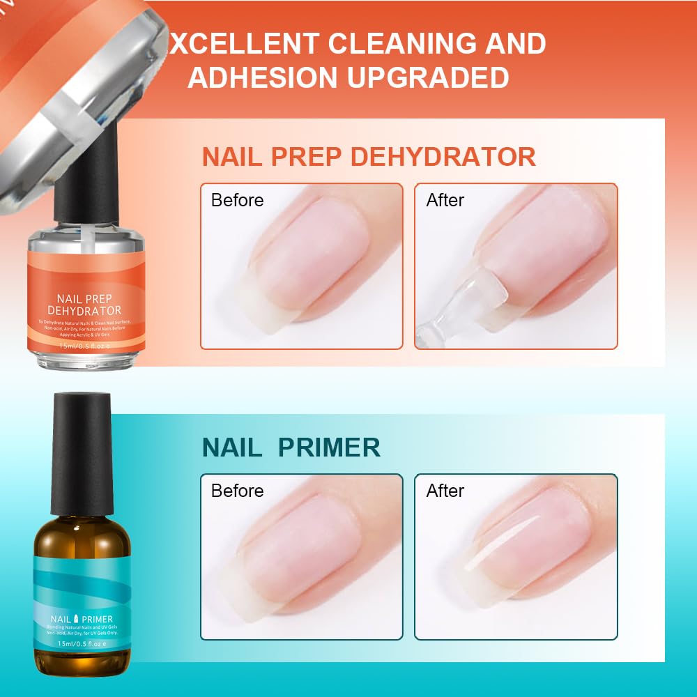 Professional Gel Nail Polish Dehydrator & Acid-Free Primer Set - Prep for Acrylic & UV Gel Nails - Salon Quality Nail Supplies for Long-Lasting Manicures at Home or Professional Use