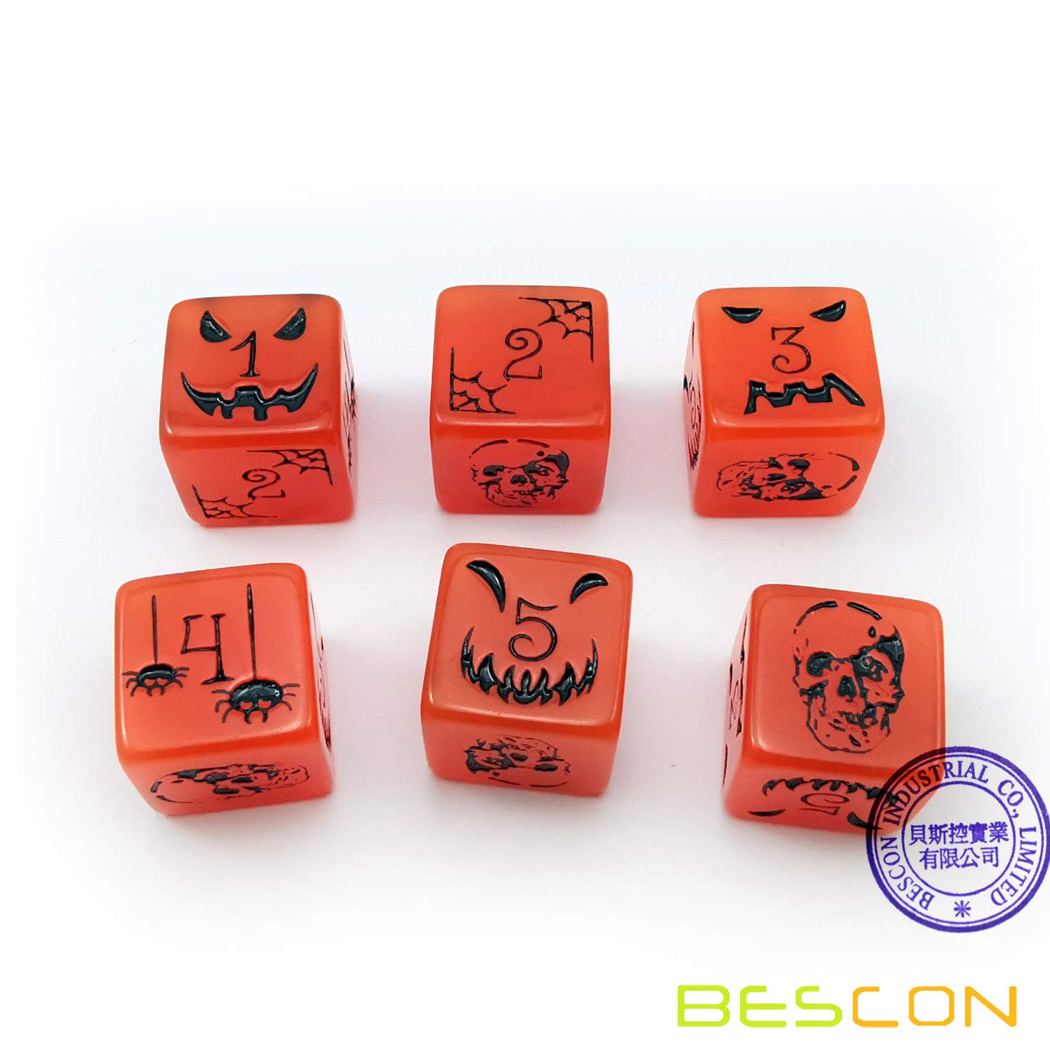 Bescon Glow in the Dark Halloween Dice Set - 6 Orange Luminous D6 Dice with Velvet Pouch for Tabletop RPG, Dungeons & Dragons, Board Games & Halloween Party Decorations
