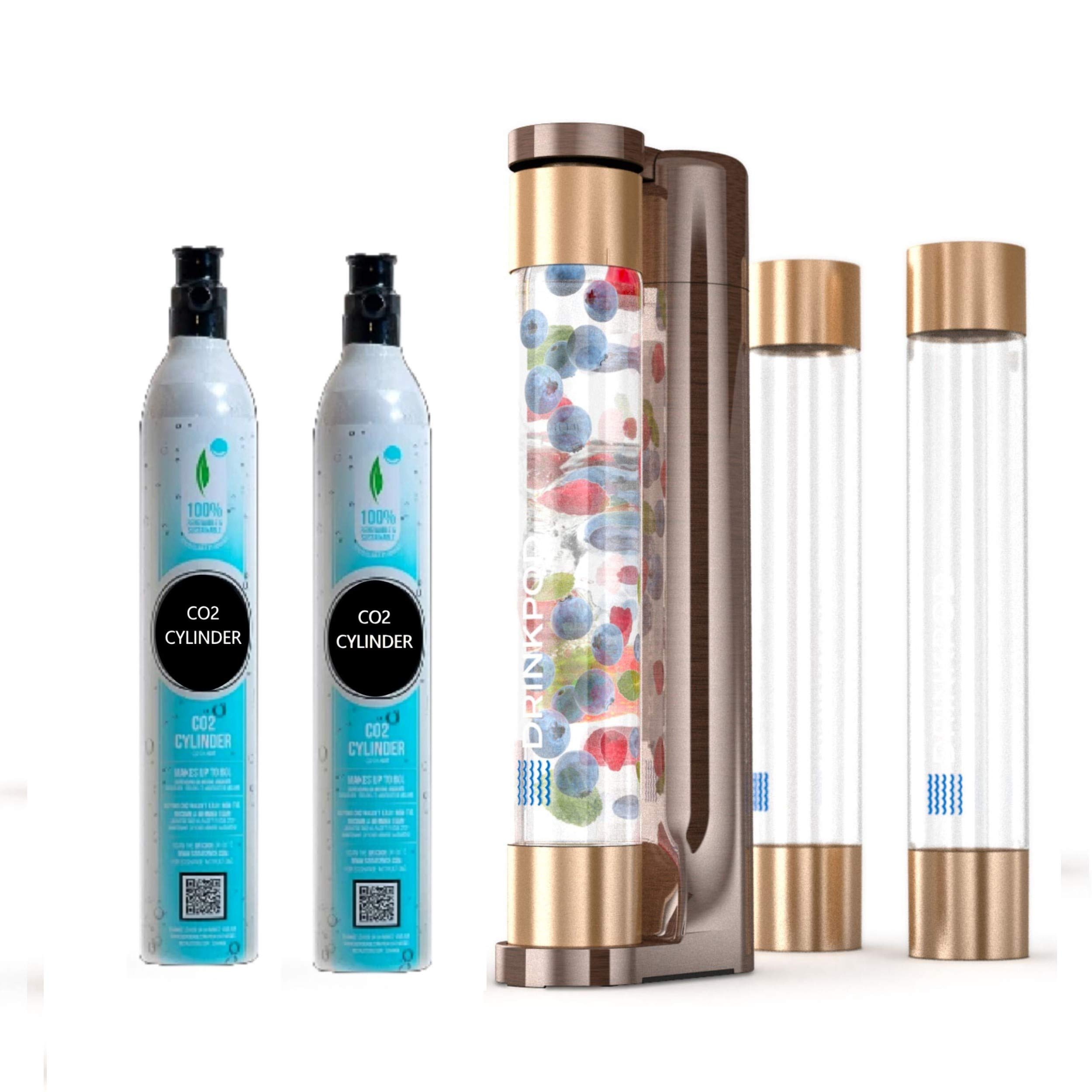 Fizzpod Home Soda Maker Machine - Create Sparkling Carbonated Water, Juice, Cocktails & More | Includes 3x 1L Bottles, 2 CO2 Cylinders, Caps & Manual | Perfect for Homemade Drinks, Parties & Healthy Hydration (Cognac Color + 2 CO2 Cylinders)