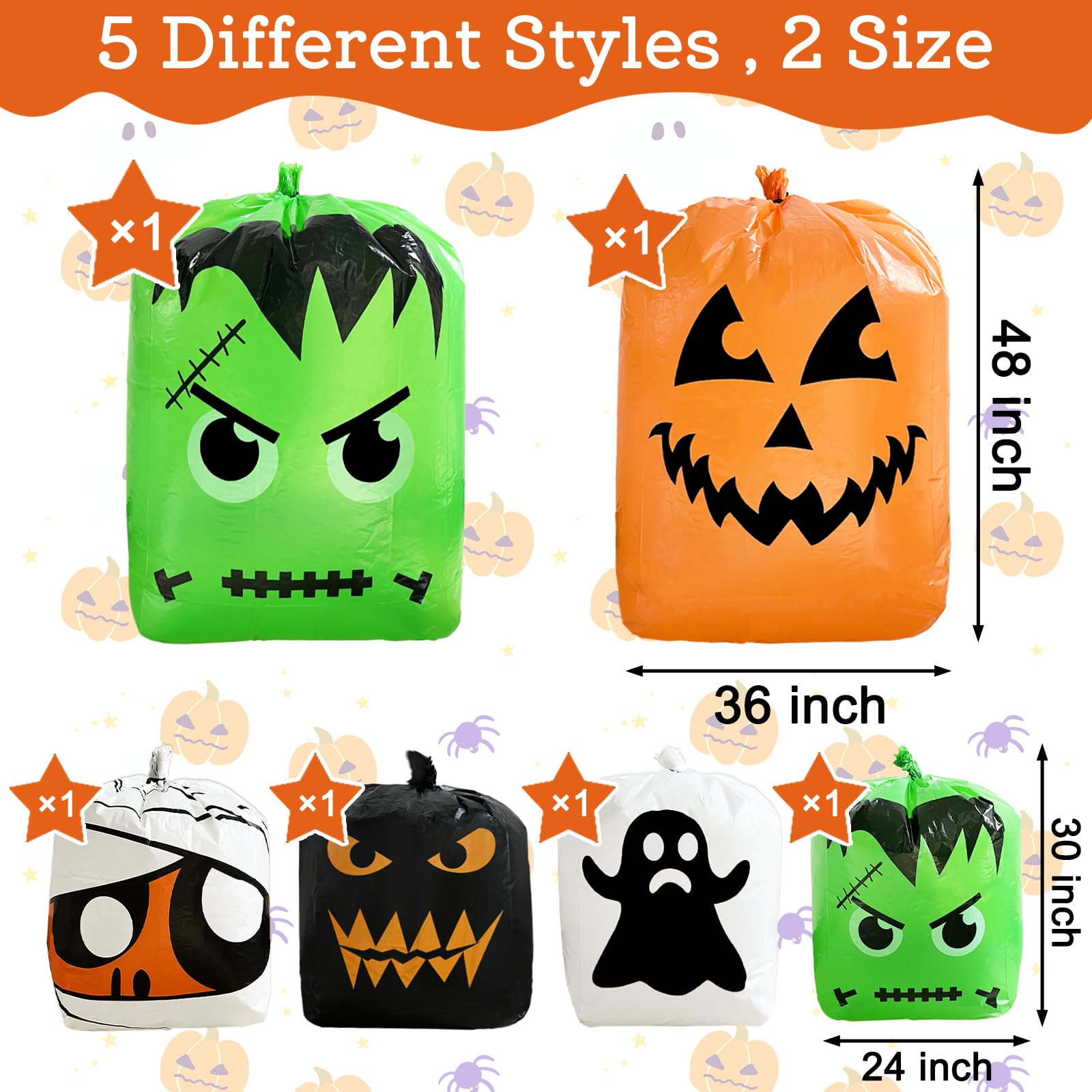 6-Piece Halloween Pumpkin Leaf Bags Set - 5 Spooky Designs for Outdoor Decor (2 Large 48x36
