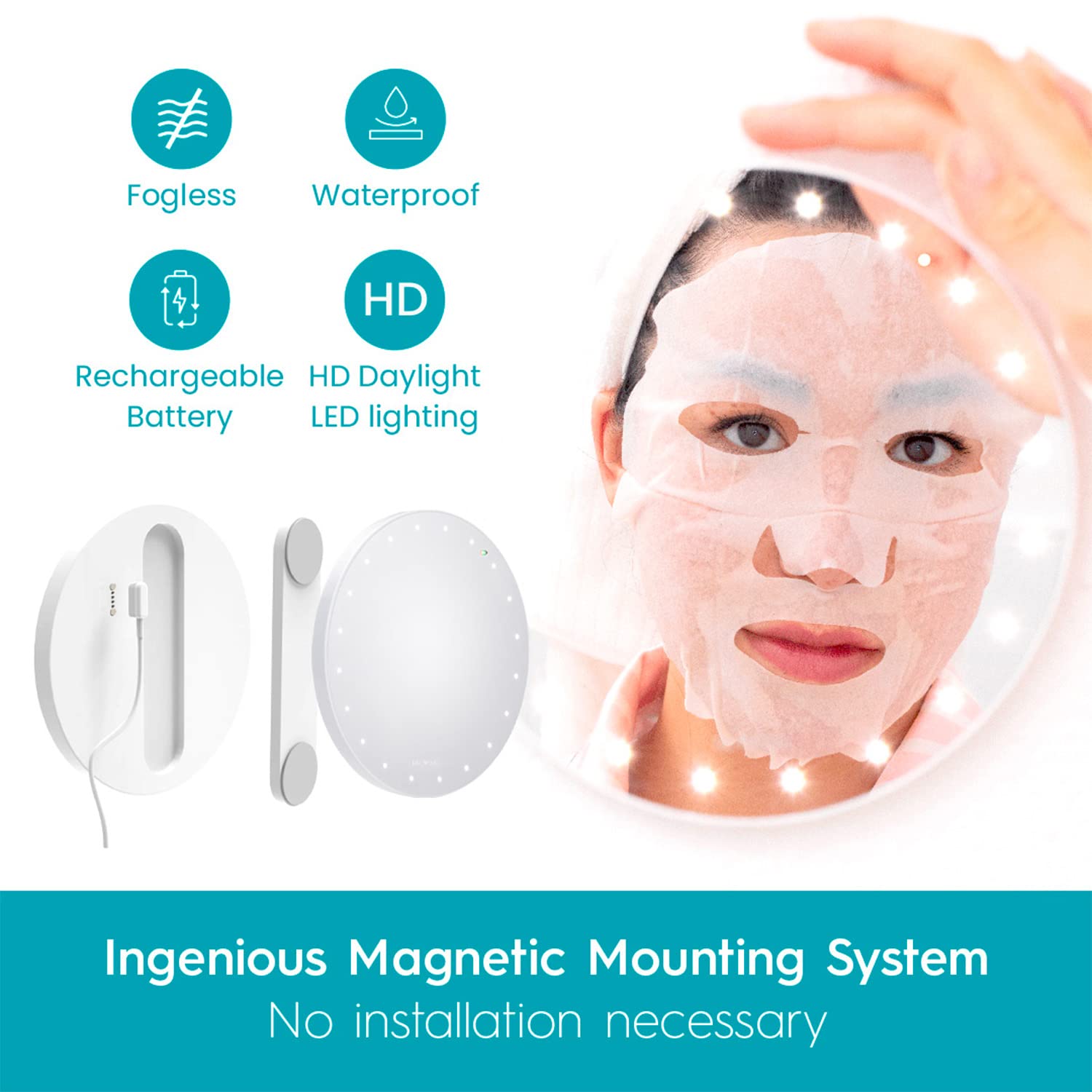RIKI LOVES RIKI GLAMCOR Fogless Shower Mirror with LED Lights - Heated Anti-Fog Glass, Magnetic Mount, Rechargeable Battery - Perfect for Shaving & Skincare in Bathroom