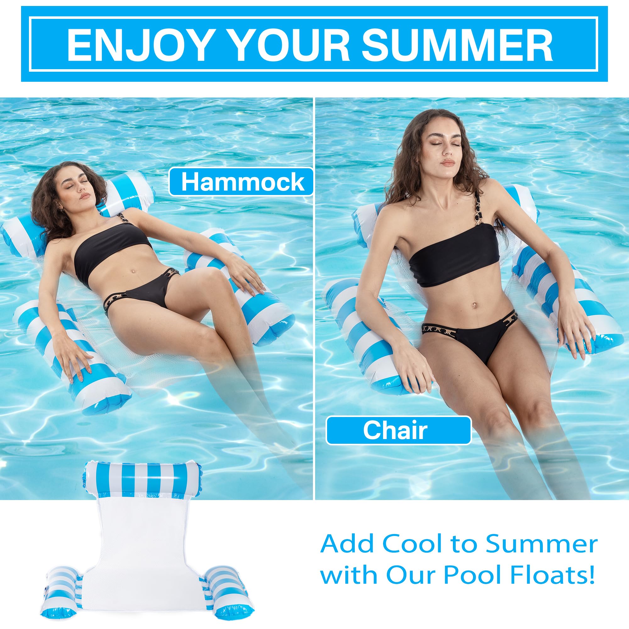 Inflatable Pool Hammock Floats for Adults - 2 Pack Water Hammock Chair with Cup Holder, Comfortable Floating Lounger for Swimming Pools, Lakes & Beach Relaxation - Perfect for Summer Vacation, Backyard Pool Parties and Water Recreation