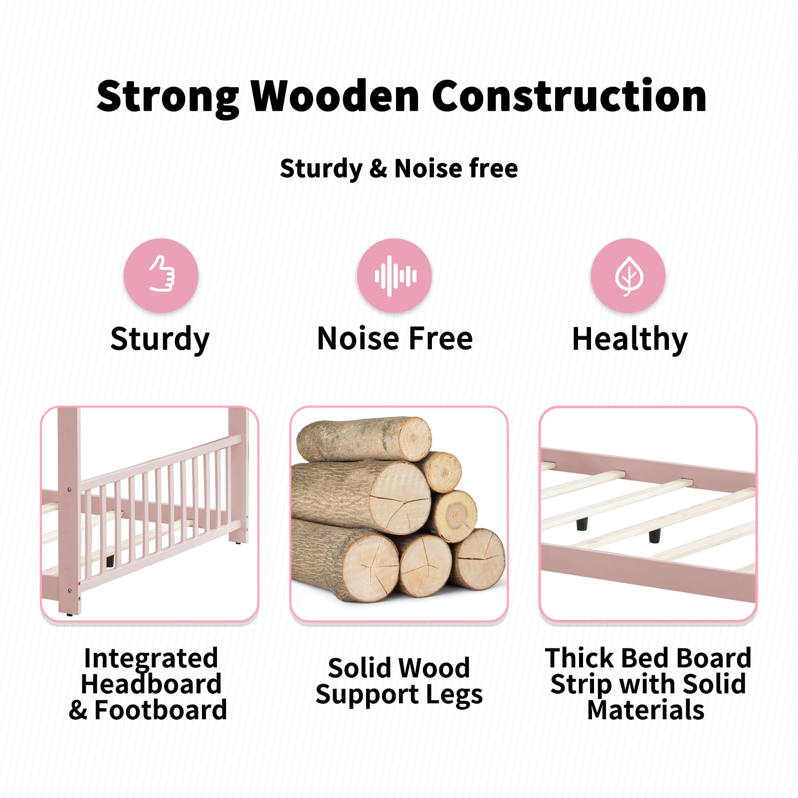Montessori Twin Size Floor Bed with Wooden House Frame & Roof - Pink Kids Bed for Boys & Girls - Perfect for Toddler Bedrooms & Playrooms