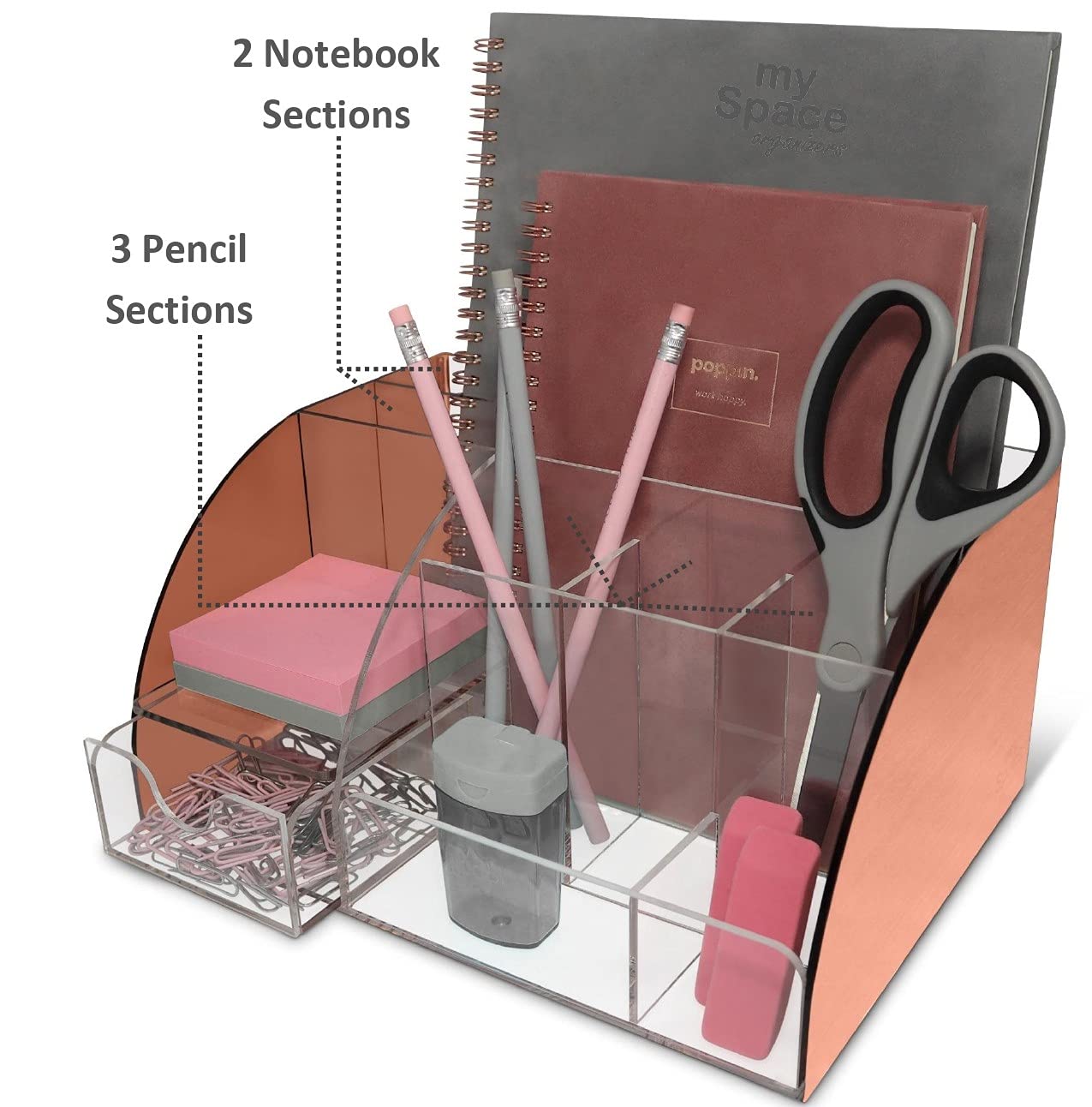 Rose Gold Acrylic Desk Organizer with 9 Compartments & Drawer - Pen Holder & Office Supplies Storage - Stylish Desktop Organization for Home & Office Workspace