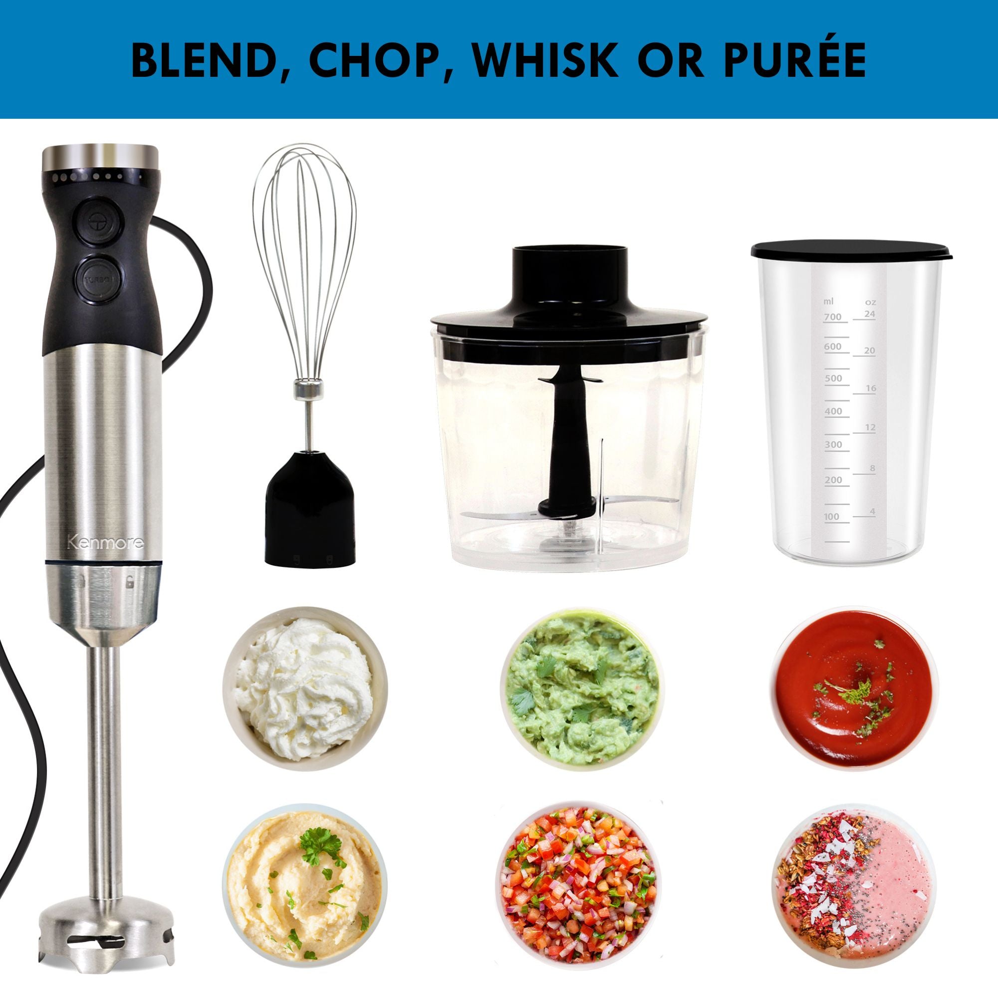 Kenmore Variable Speed Immersion Blender with Food Chopper & Whisk - Powerful 500W Hand Blender with Turbo Pulse Function - Stainless Steel Quad Blades for Smooth Blending - Includes 700mL Mixing Beaker & Storage Lid (Black/Silver) - Perfect for Smoothies, Soups, Baby Food & Baking