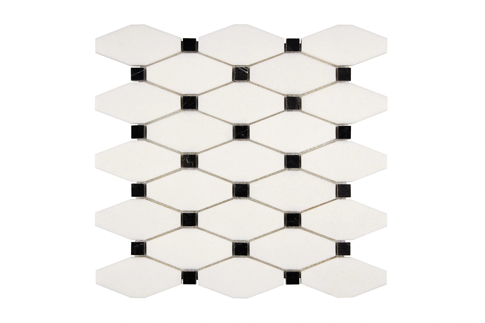 White Thassos Marble Elongated Hexagon Black Mosaic Tile - Premium Natural Stone Wall & Floor Tile for Bathroom, Kitchen Backsplash, Shower, and Pool Design