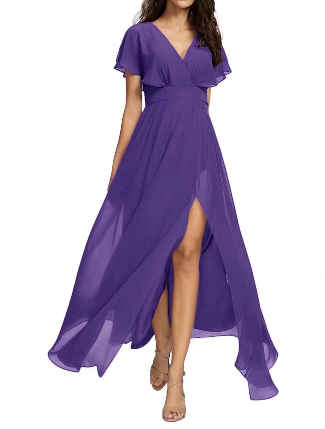 Yadressy Chiffon Maxi Bridesmaid Dress with Slit & Ruffle Sleeves - Elegant A-Line Formal Evening Gown for Women | Perfect for Weddings, Parties & Special Occasions