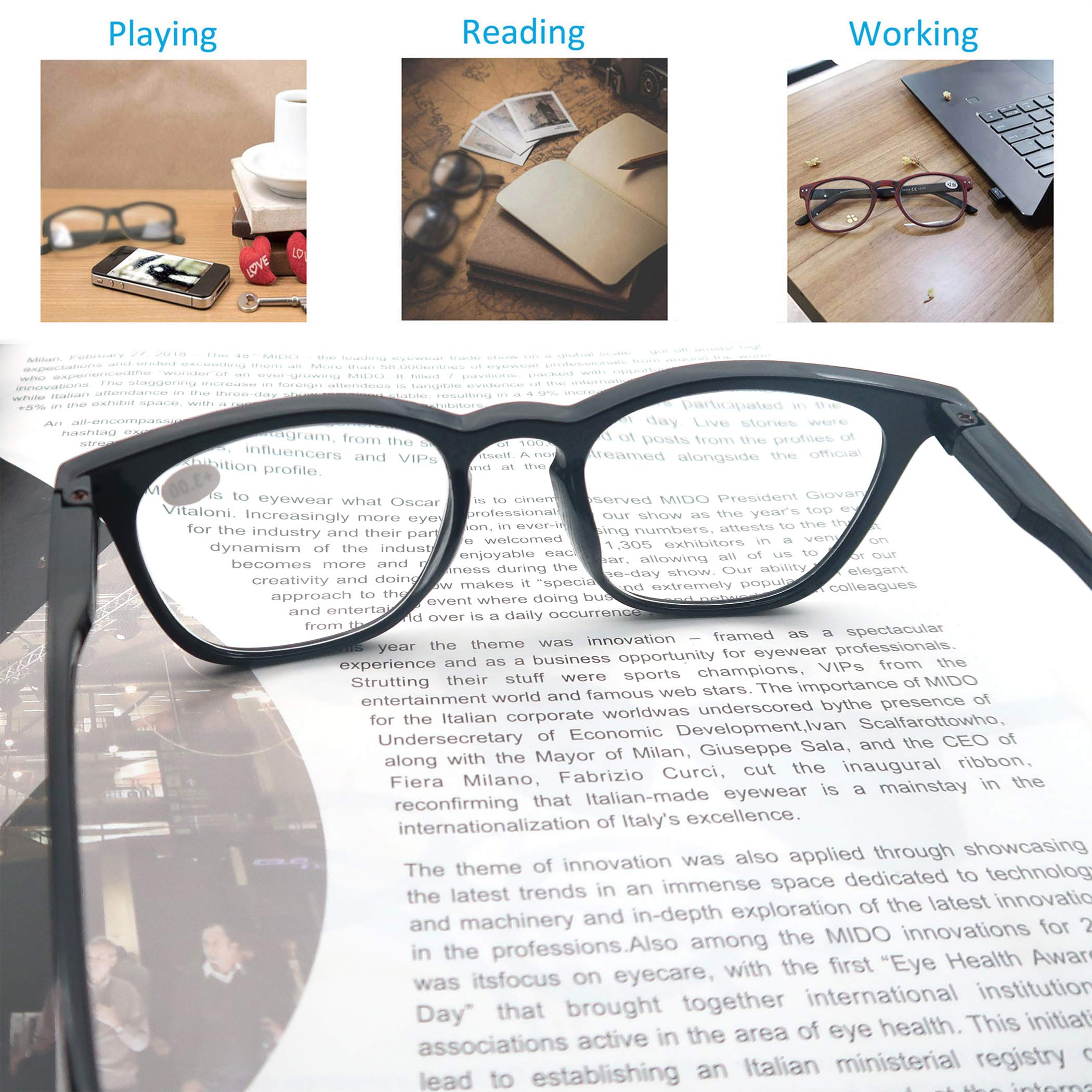 Stylish Reading Glasses for Women & Men - Lightweight 2.25 Magnification Readers - 3 Pack (Black/Tortoise/Clear) - Perfect for Reading Books, Using Phones & Working on Computers