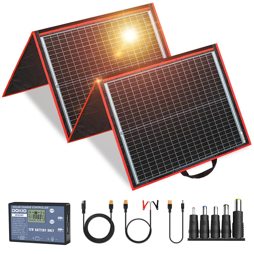 DOKIO 160W 18V Portable Foldable Solar Panel Kit with Charge Controller - Compact 22x21 Inch, Lightweight 9lb Solar Charger for 12V Batteries (AGM, LiFePO4), Power Stations, RVs - 2 USB Outputs for Camping, Hiking, Emergency Power Backup & Off-Grid Living