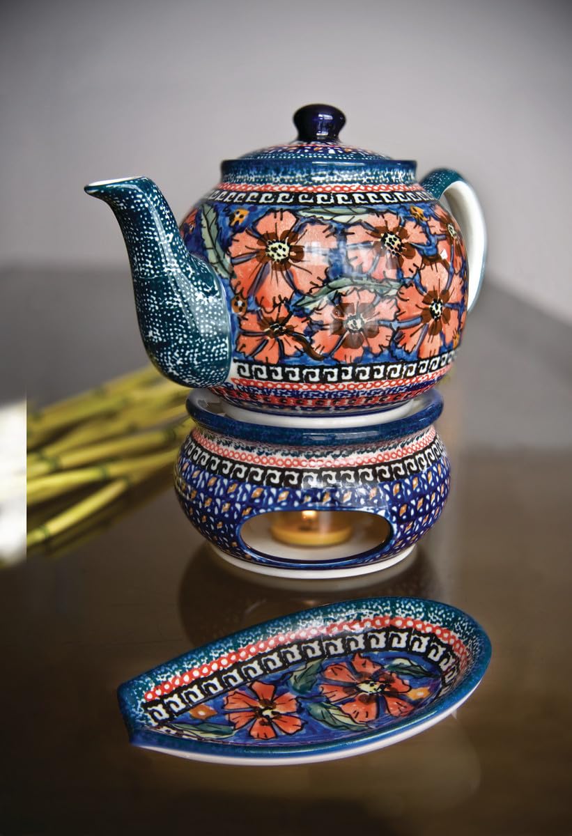 Handmade Blue Rose Polish Pottery Jungle Flower Spoon Rest - Small Ceramic Spoon Holder for Tea, Coffee, Sugar & Kitchen Decor