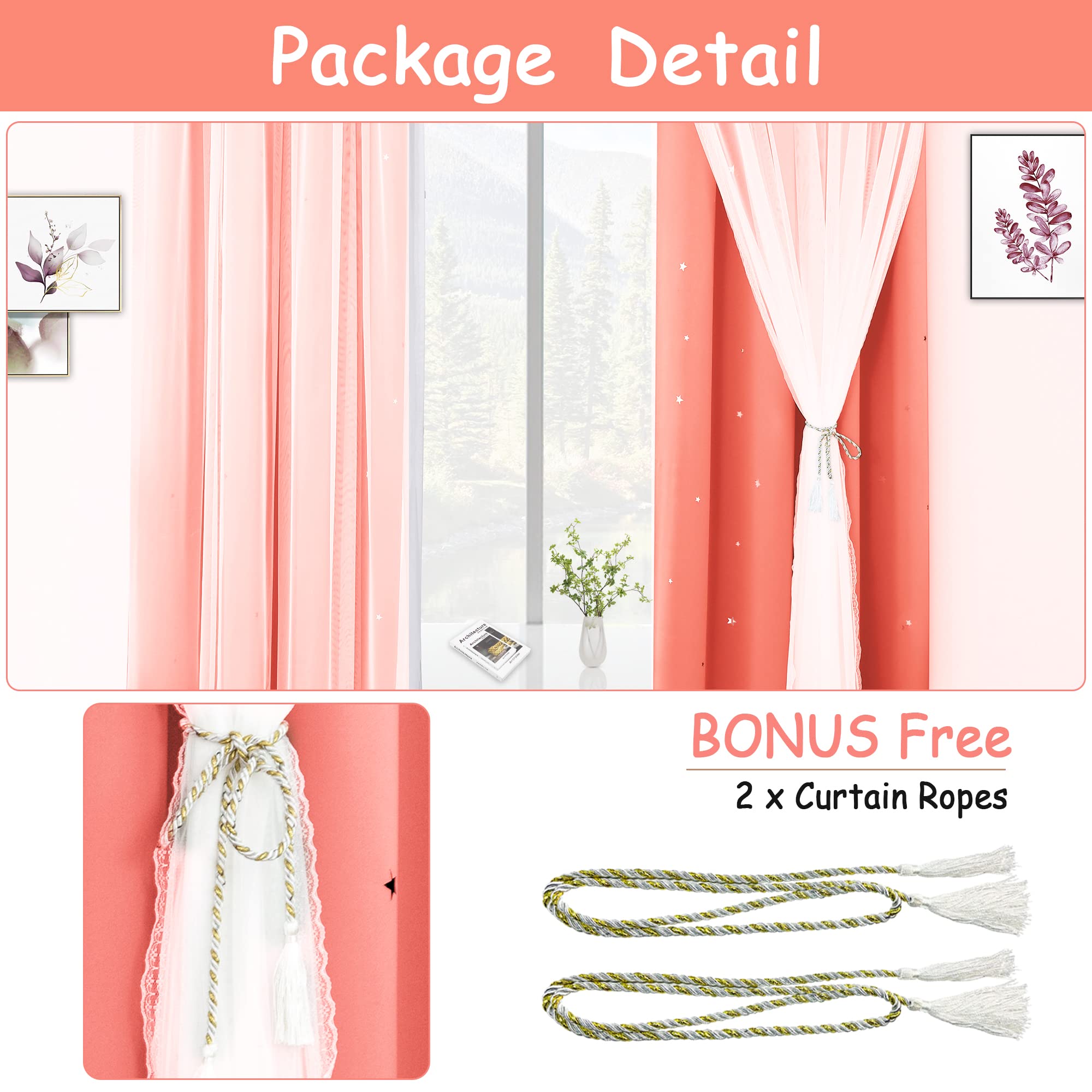 Kinryb Princess Curtains for Girls Bedroom - Sheer Overlay Double Layer Window Drapes with Star Cutout Design, 52x95 Inches Coral Pink - Perfect for Kids Room, Nursery & Living Room Decor