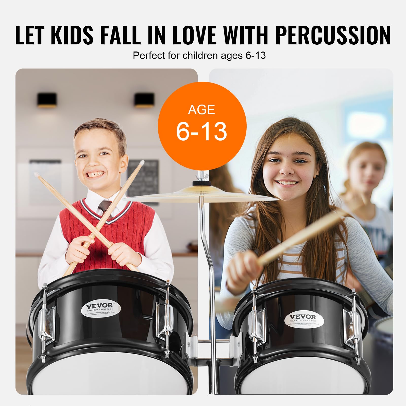 VEVOR 5-Piece Kids Drum Set - 16 Inch Beginner Youth Drum Kit with Bass Drum, Toms, Snare, Floor Drum, Adjustable Throne, Cymbal, Hi-Hat Pedal & 2 Pairs Drumsticks - Perfect Starter Drum Set for Children - Black | Ideal for Home Practice, Music Lessons & Kids' Birthday Gifts