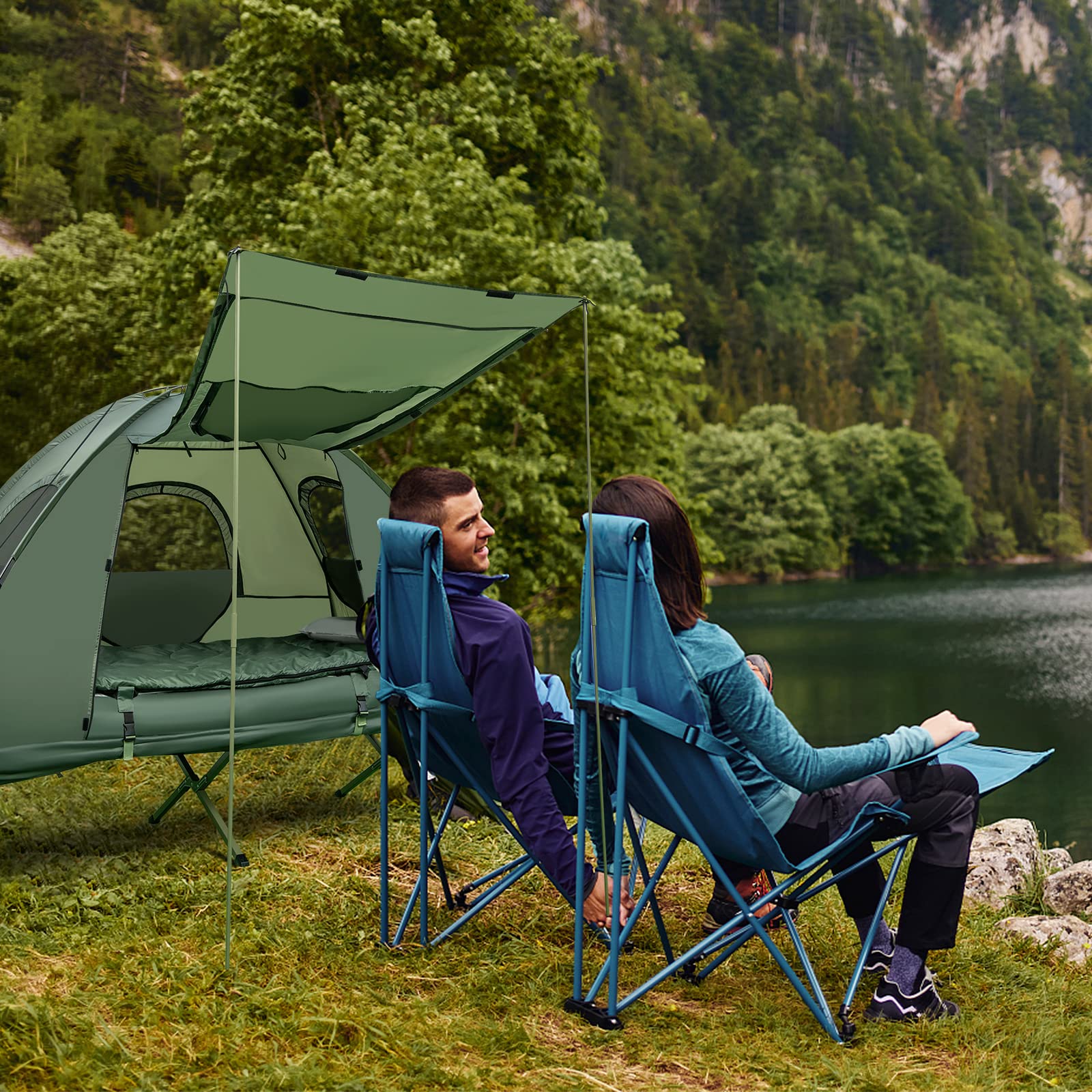 Nightcore Single Person Camping Tent with Air Mattress & Pillow - Portable Folding Cot with Metal Frame, Polyester Canopy & Sleeping Bag - Military Green (76”x31”x63”) for Outdoor Adventures, Backpacking, Hiking & Family Picnics