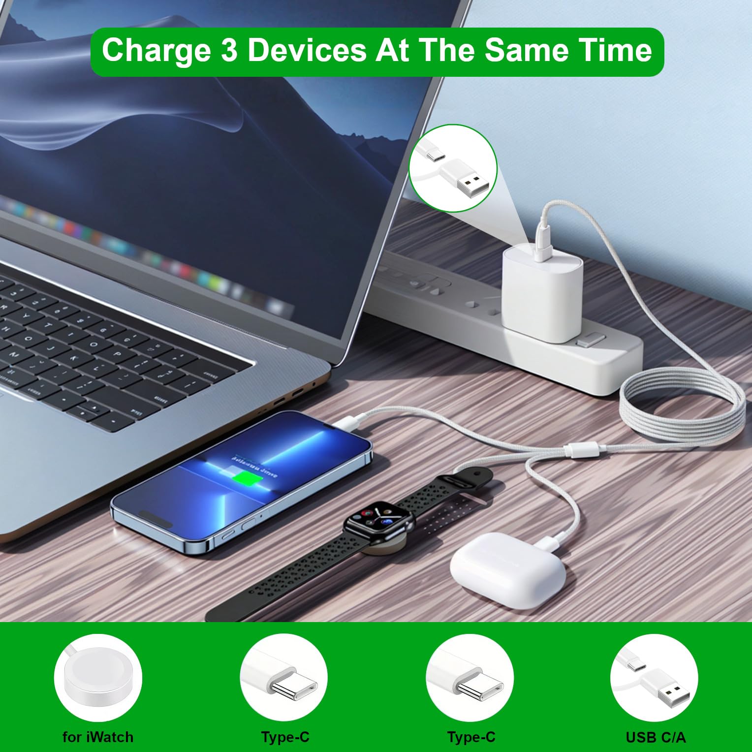 Upgraded 3-in-1 USB C Cable for Apple Watch Charger (4FT/1.2M) - Fast Charging Cord Compatible with iWatch Ultra 2/SE 2/Series 1-10, iPhone 16/15 Pro Max, iPad & AirPods - Perfect for Travel, Home & Office Use