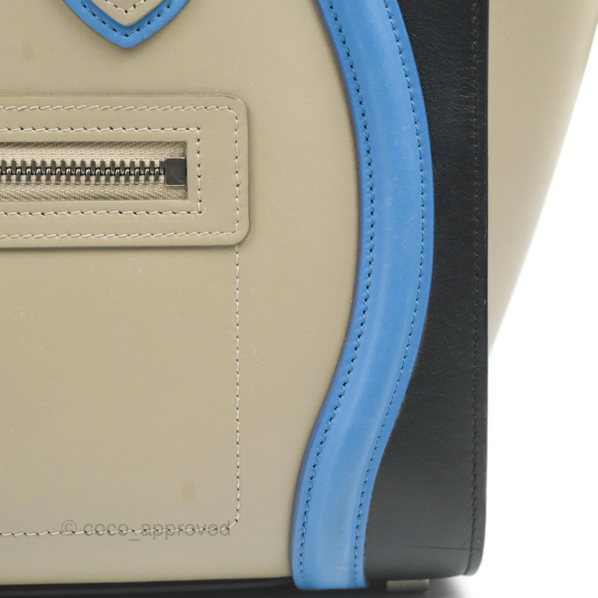 Celine Micro Luggage Bag in Taupe, Blue & Black Calfskin Leather - Perfect for Work, Travel & Everyday Luxury Handbag