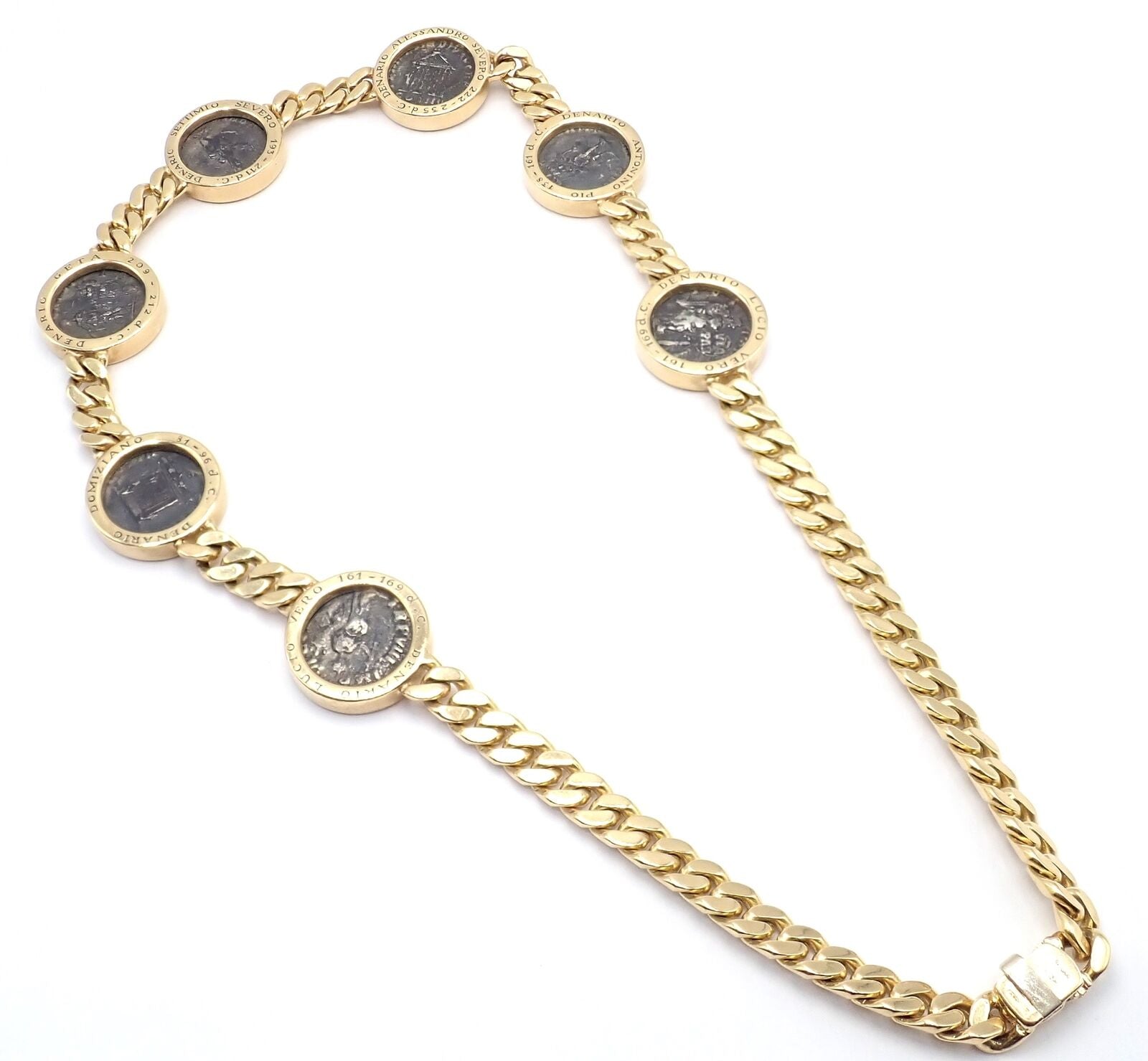 Vintage Bvlgari Bulgari 18k Yellow Gold 7 Antique Coin Monete Link Necklace - Luxury Italian Jewelry for Women, Perfect for Parties & Special Occasions