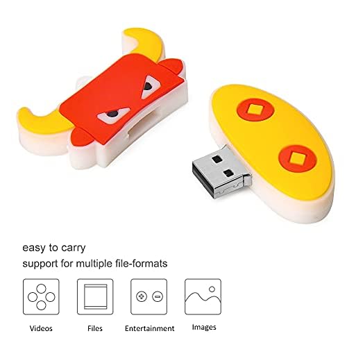 32GB Cute Bull USB Flash Drive - USB 2.0 Memory Stick for Data Storage & File Sharing, Yellow/Red