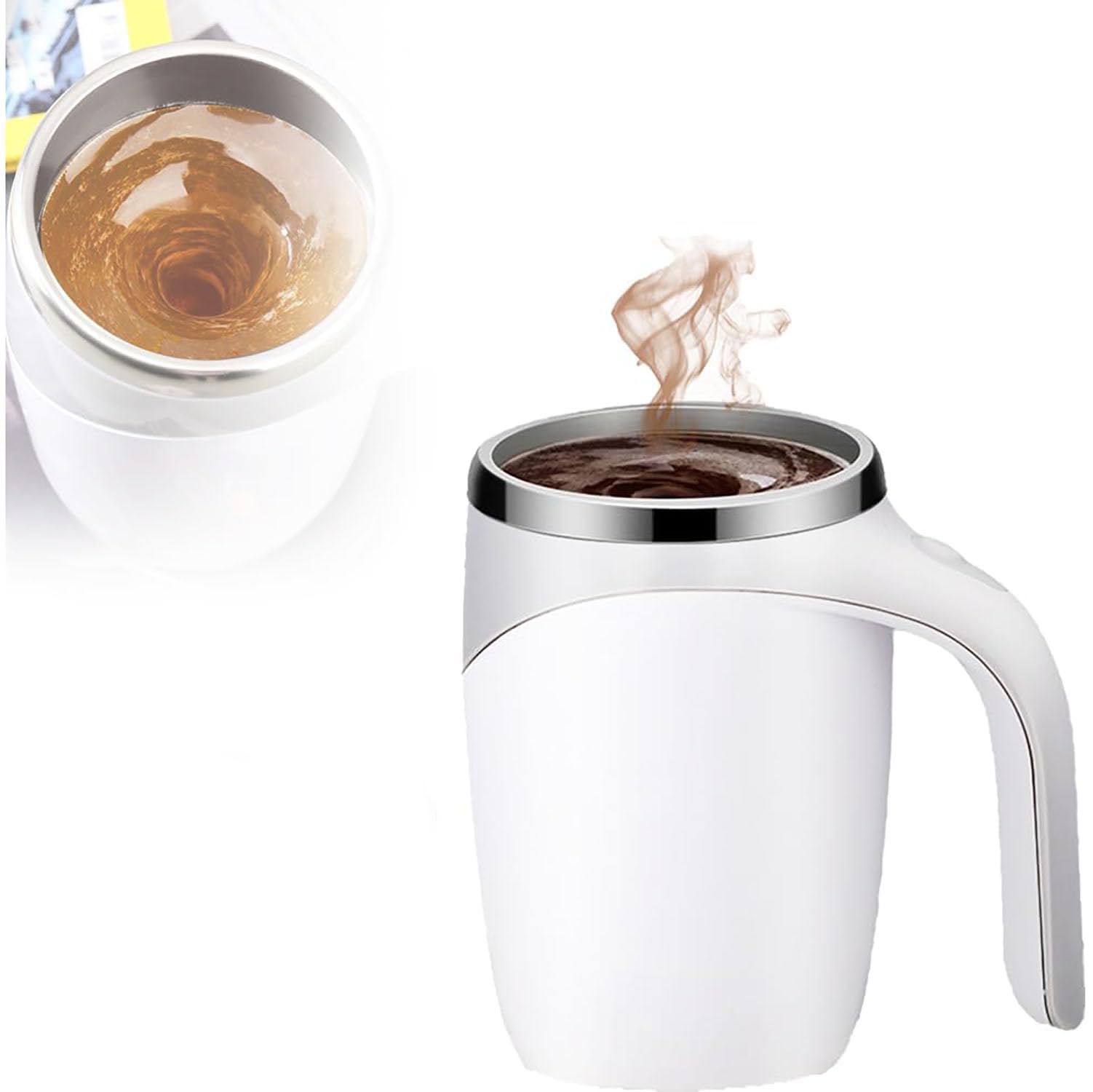 Self Stirring Coffee Mug with Automatic Magnetic Stirrer - 16oz Insulated Travel Mug for Hot/Cold Drinks - Perfect for Office, Commute & Outdoor Use (White)