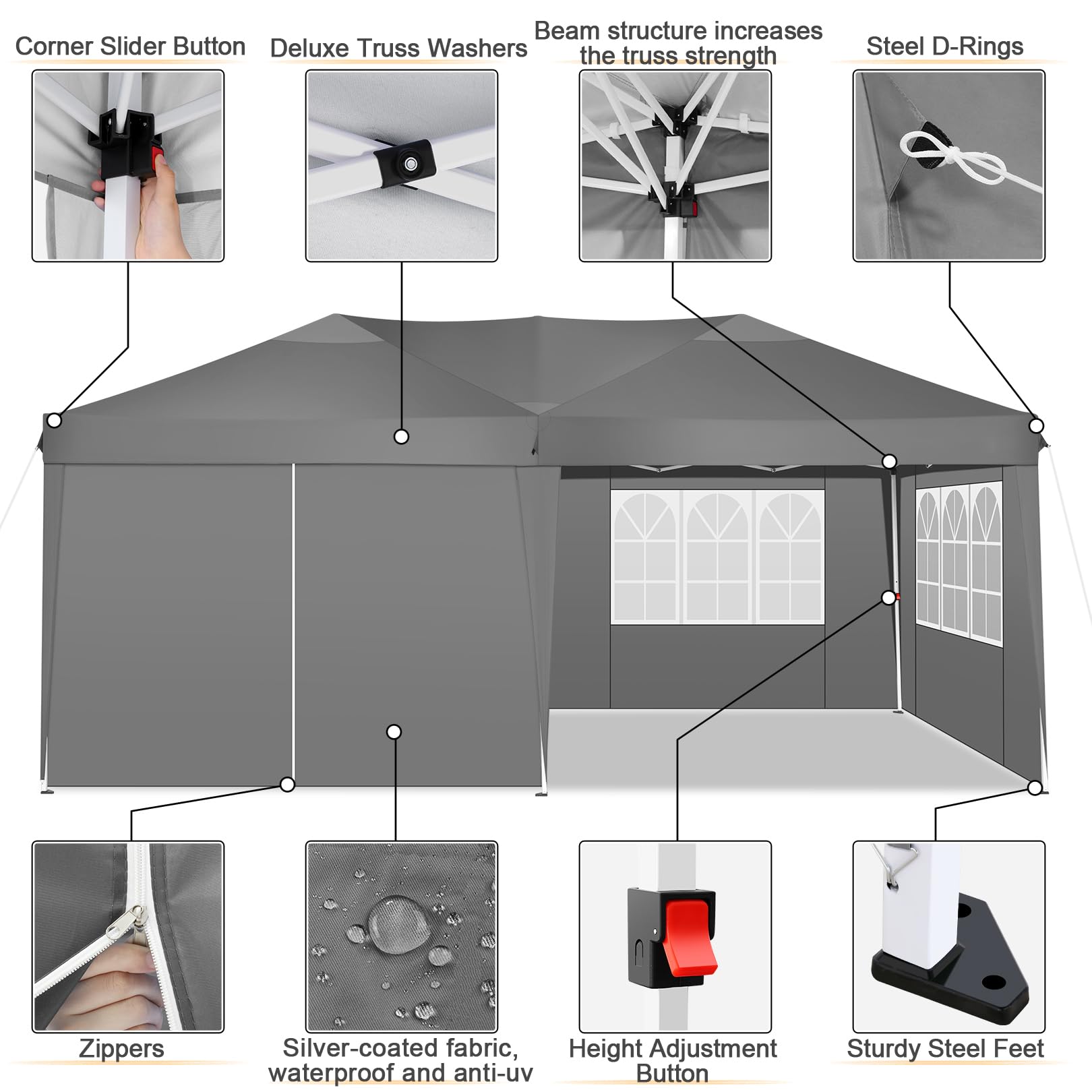COBIZI 10x20 Pop Up Canopy Tent with 6 Sidewalls - Waterproof Instant Shelter for Outdoor Events, Beach Camping & Commercial Use | Portable Sun Shade Gazebo for Parties, Picnics & Tailgating (Grey, 10'x20')