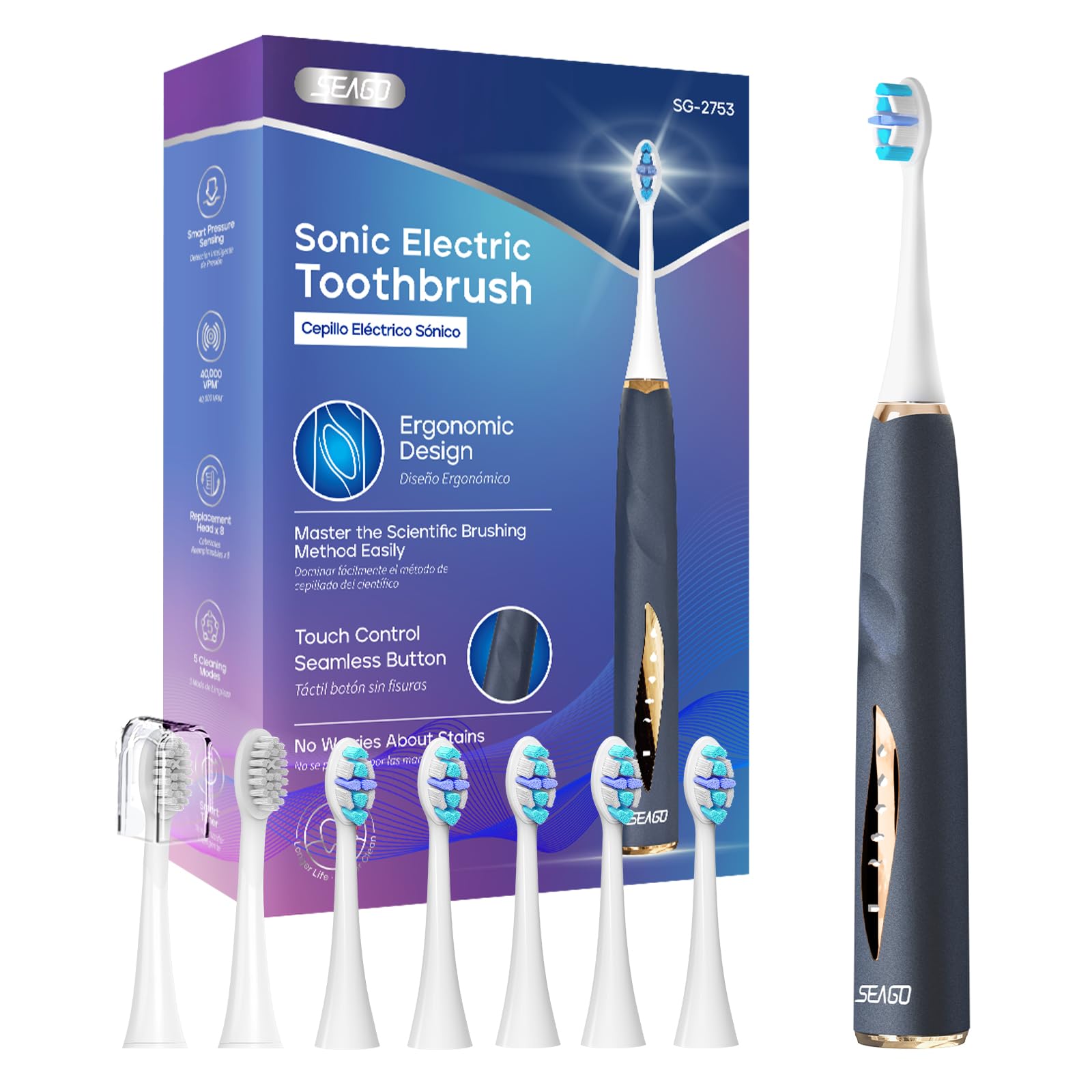 SEAGO Rechargeable Electric Toothbrush for Adults - 8 Brush Heads, 5 Cleaning Modes with Smart Pressure Sensor | Perfect for Travel, Home & Daily Oral Care Routine