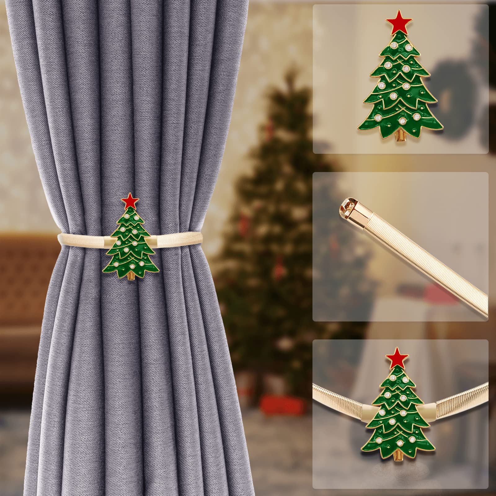 4 Pack Christmas Curtain Tiebacks - Aluminum Alloy Spring Design, Carved Tree Pattern, Modern Curtain Holdbacks for Drapes - Perfect for Holiday Home Decor, Living Room & Bedroom Window Treatments
