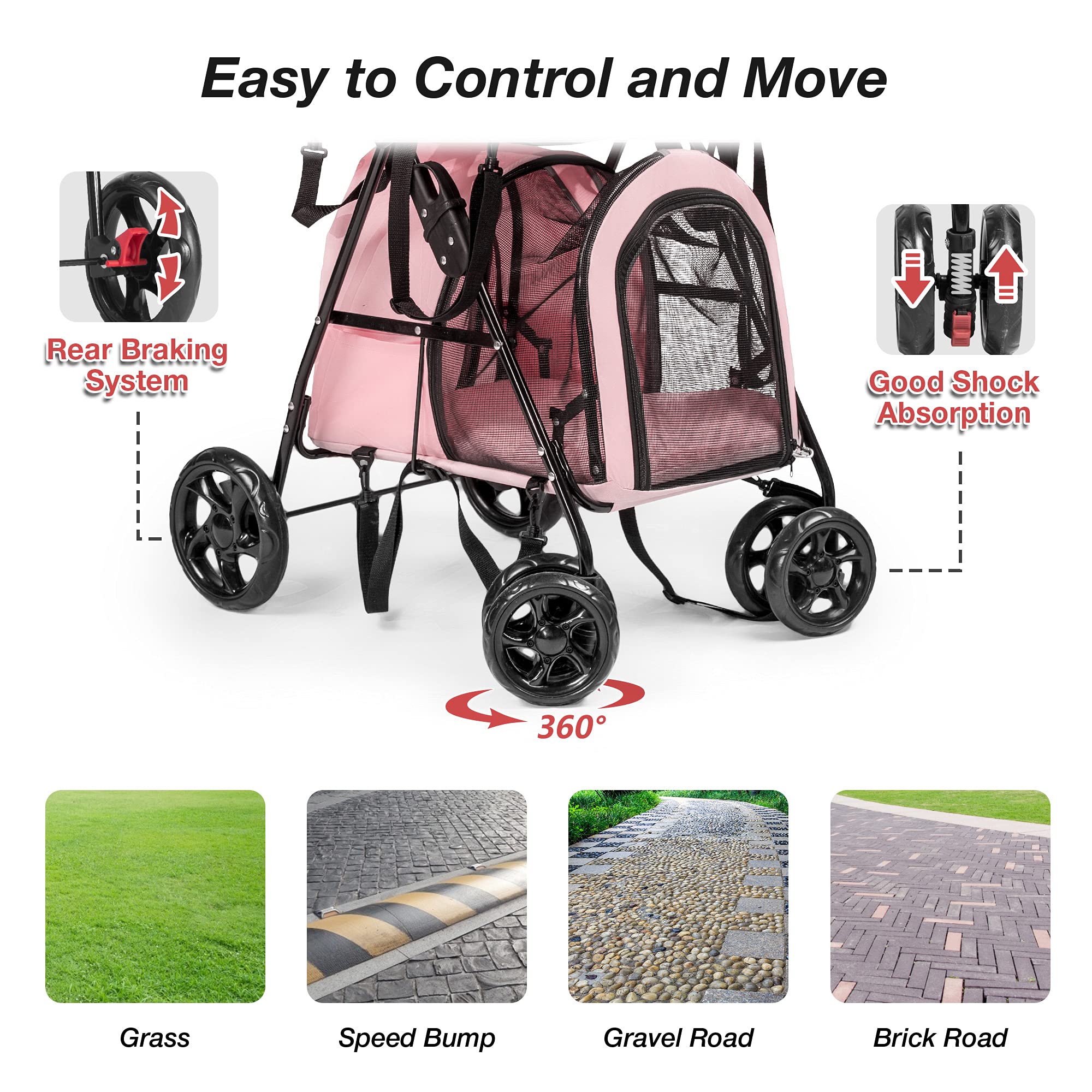 3-in-1 Double Pet Stroller - Foldable Dog & Cat Carrier for 2 Small Pets, Travel Cart for Puppies & Kittens (Pink) - Perfect for Park Walks, Vet Visits & Outdoor Adventures
