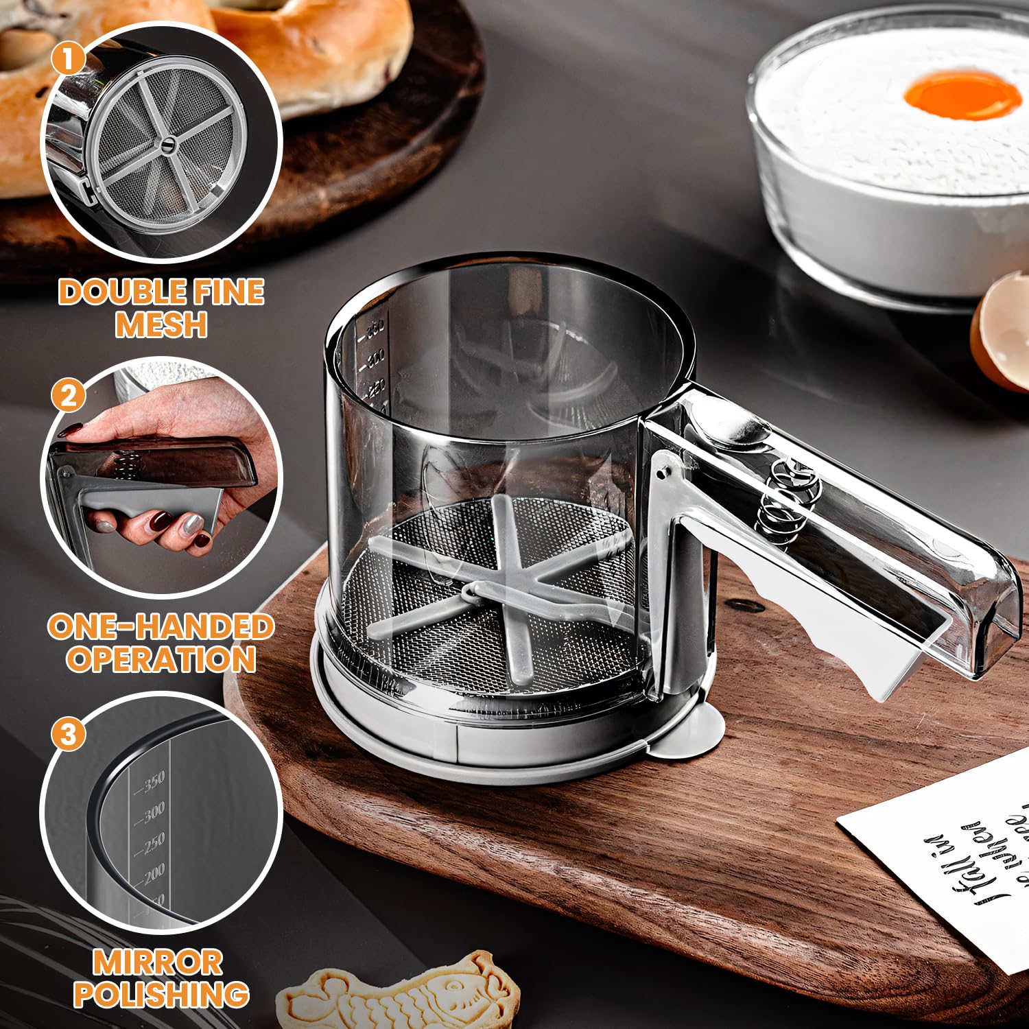 3 Cups Stainless Steel Flour Sifter - Double Layer Handheld Baking Sieve for Flour, Sugar Powder & Dry Ingredients | Perfect for Baking Cakes, Cookies & Pastries