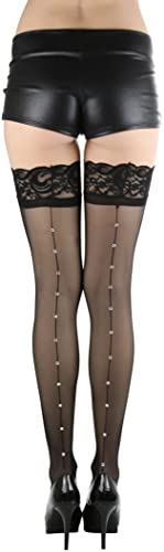Faux Rhinestones Backseam Lace Top Sheer - Black