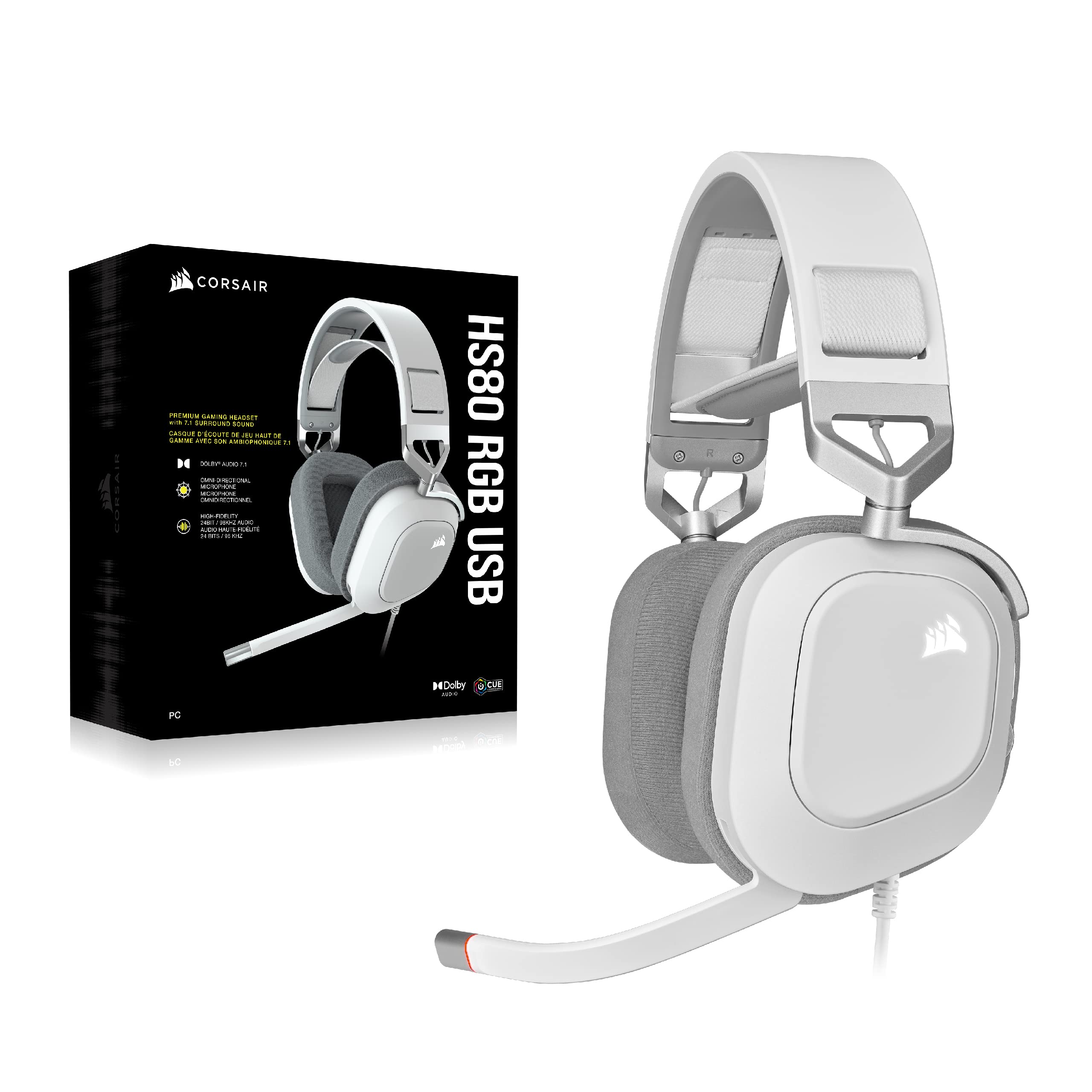Corsair HS80 RGB USB Premium Gaming Headset with Dolby Audio 7.1 Surround Sound - Broadcast-Grade Mic, Memory Foam Earpads, Hi-Fi Sound for PC, PS5, Xbox - White | Perfect for Competitive Gaming & Streaming
