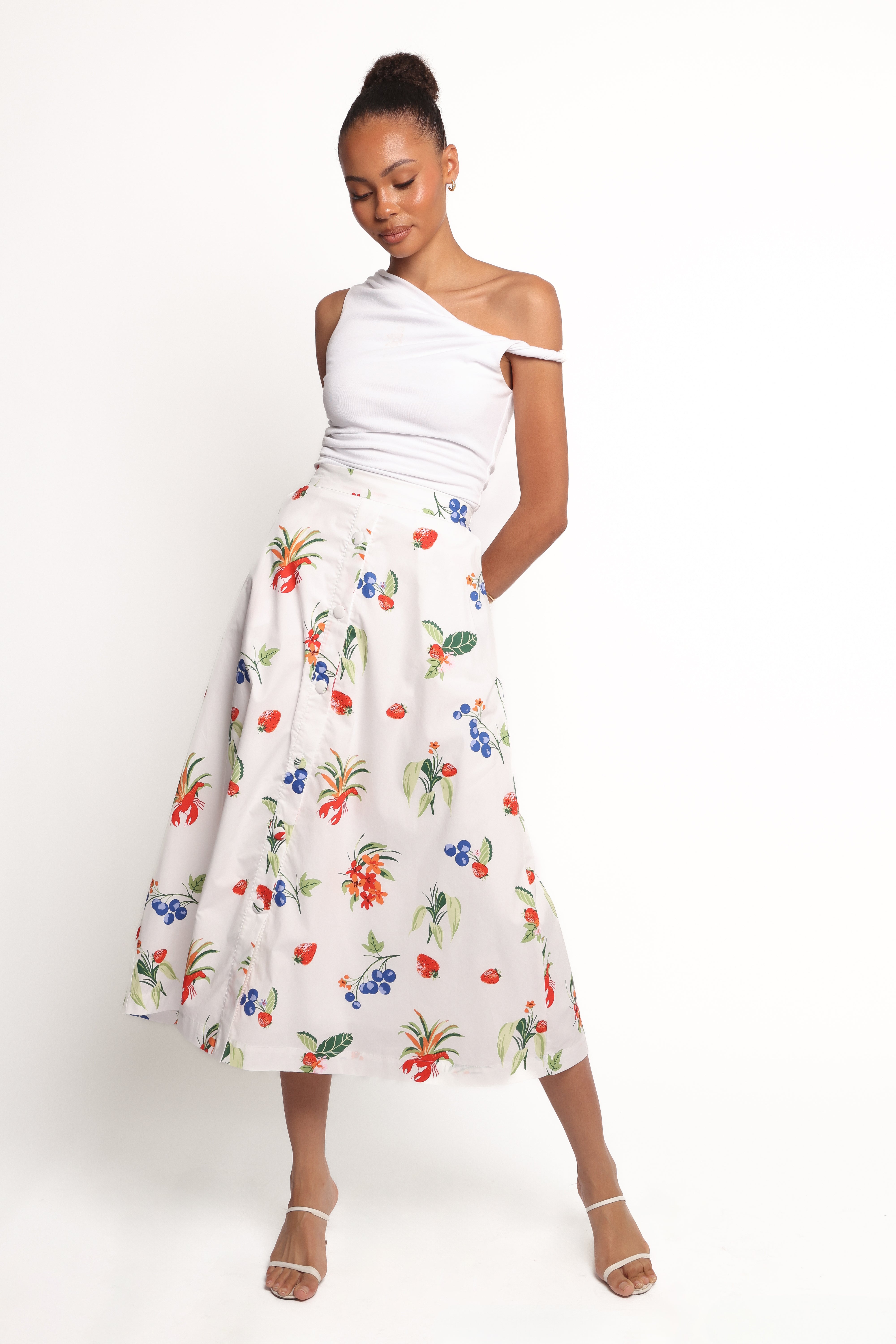 Geneva Midi Skirt in Off-White & Red | Women's A-Line Skirt for Casual Wear, Office & Date Night Outfits