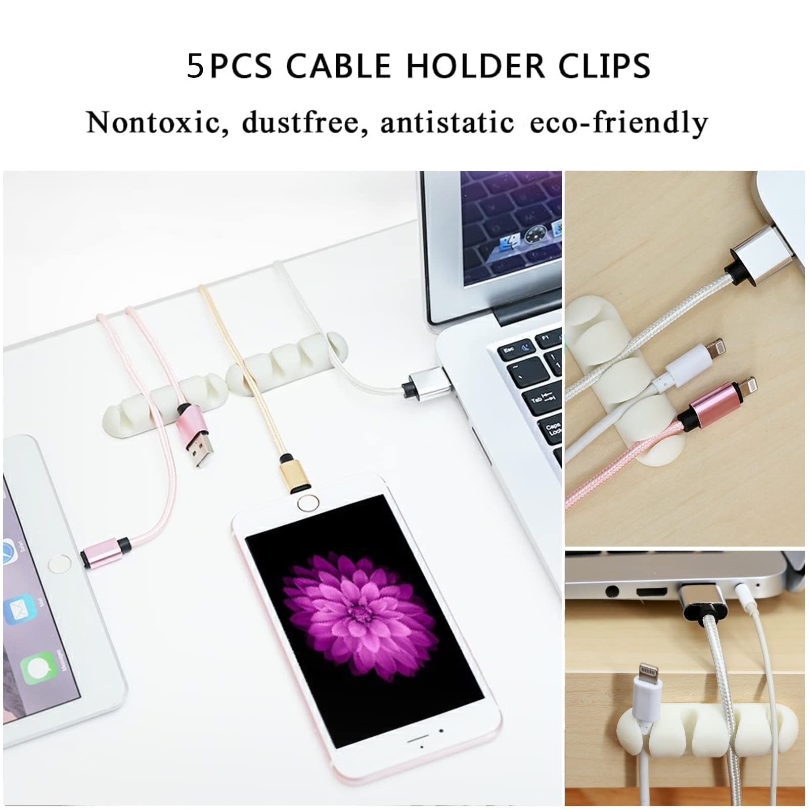 White Cable Management Organizer Kit - 2 Wire Sleeve Protectors, 41 Self-Adhesive Cable Clips, 10 Reusable Cable Ties + 2 Rolls, 100 Zip Ties for TV Computer Desk Cord Organization - Perfect for Home Office, Gaming Setup & Under Desk Wire Management