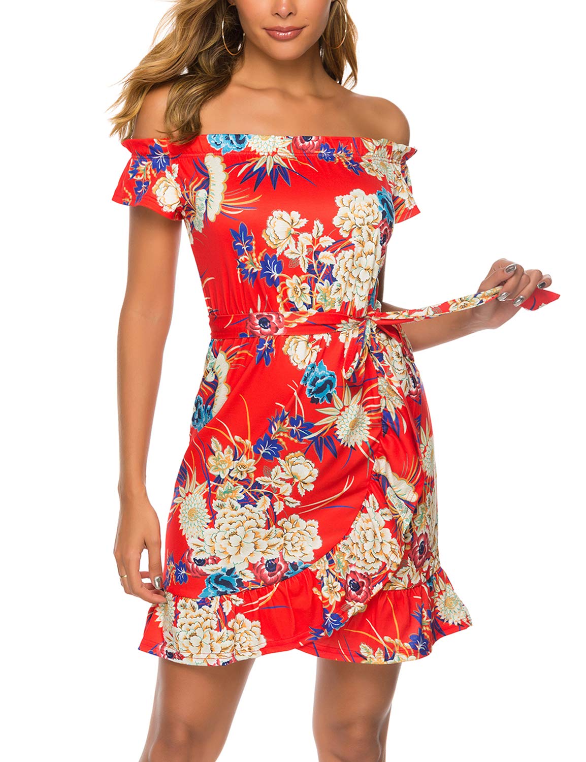 Sweetnight Women's Casual Off The Shoulder Floral Dress - Summer Short Sleeve Hawaiian Tropical Dress for Beach Vacation, Party & Date Night