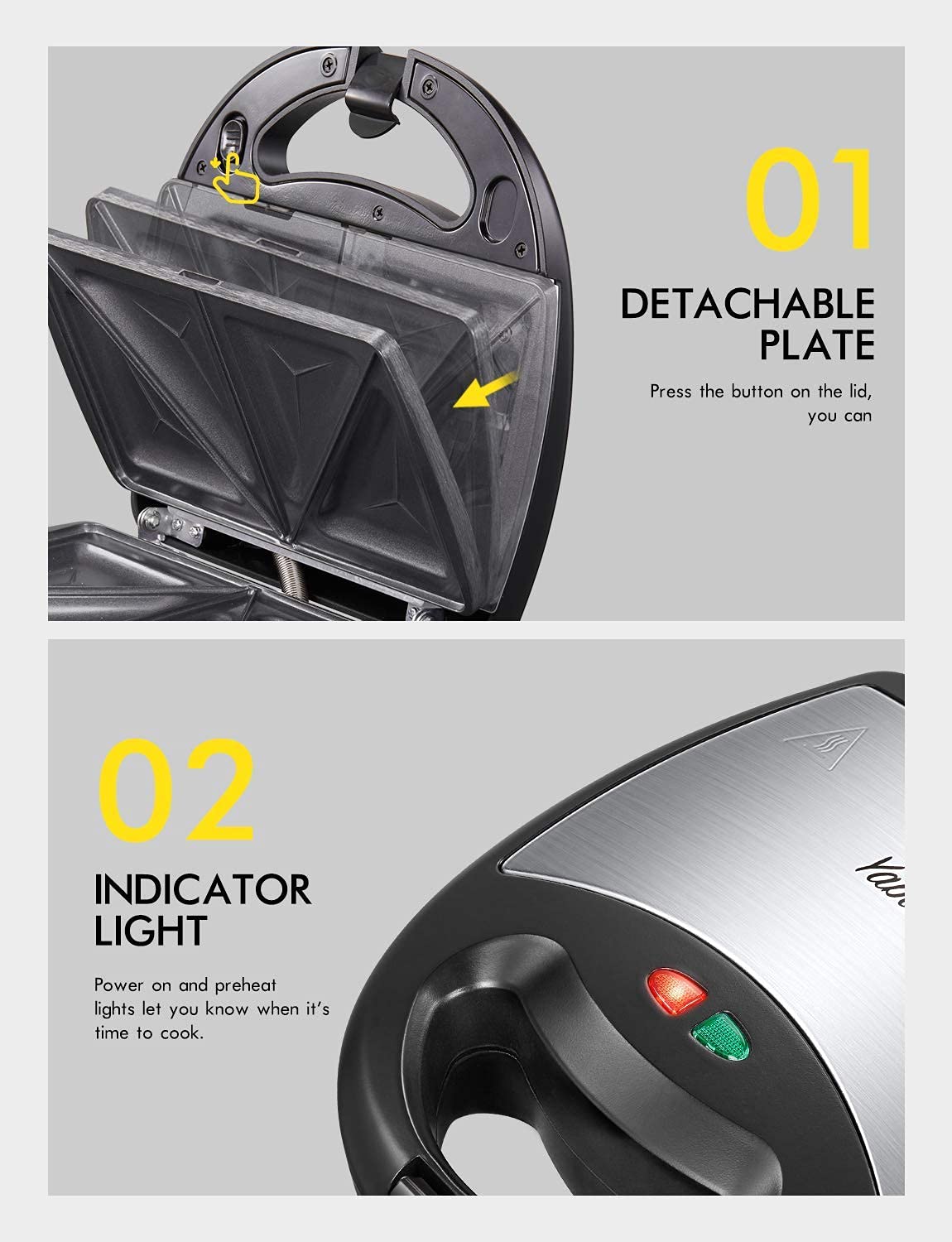Yabano 3-in-1 Sandwich Toaster - Waffle Maker & Panini Press with Detachable Non-Stick Plates, LED Indicator, Cool-Touch Handle, 800W (Dishwasher Safe) - Perfect for Breakfast, Snacks & Party Food Preparation