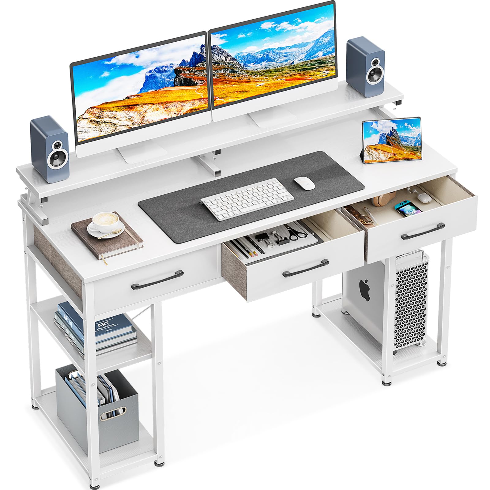 48 inch ODK Modern Computer Desk with Drawers & Storage Shelves - Home Office Desk with Monitor Stand, Space-Saving Writing Table for Small Spaces (White) - Perfect for Remote Work, Study & Home Office Setup