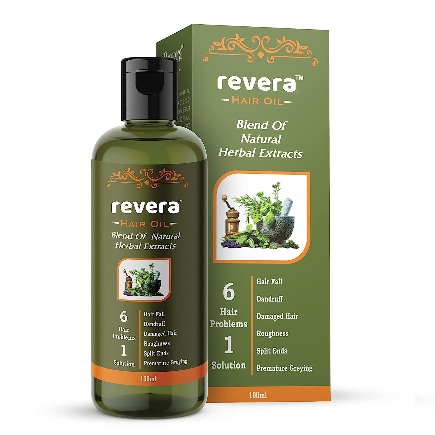 Revera 6-in-1 Herbal Hair Oil 100ml - Natural Jaborandi, Bhringraj & Brahmi Oil for Hair Growth & Scalp Care | Solution for Hair Loss, Dandruff & Thinning | Made in India | Perfect for Daily Hair Care & Scalp Massage