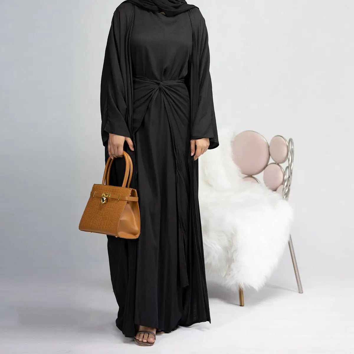 4 Piece Muslim Open Abaya Dress Set with Scarf - Modest Islamic Prayer Outfit for Women, Elegant Loose Flowing Abaya with Mid Wrap & Inner Dress - Perfect for Mosque, Eid, Ramadan & Special Occasions