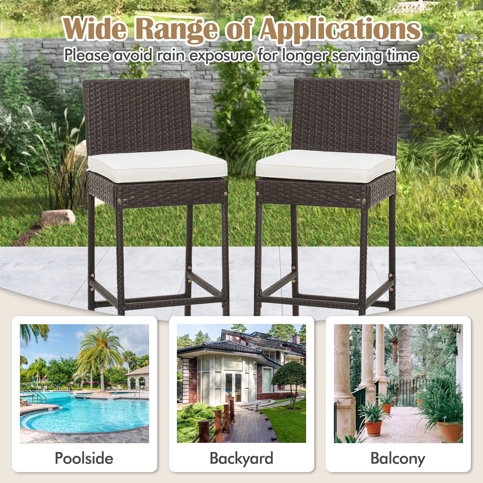 RELAX4LIFE Outdoor Bar Stools Set of 4 - Wicker Rattan Patio Barstools with Backrest, Footrest & Seat Cushions - Heavy Duty 400LBS Capacity Metal Frame Counter Height Stools (30 Inch, Mix Brown) - Perfect for Backyard, Deck, Poolside & Outdoor Dining Areas
