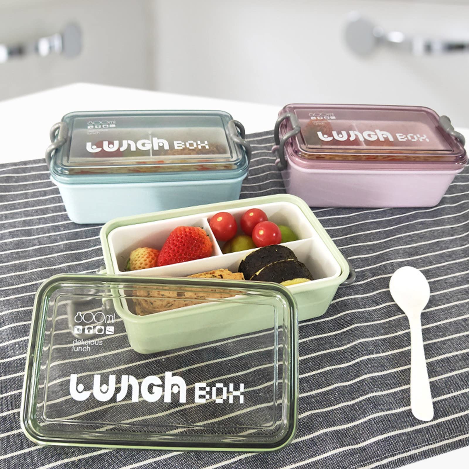 Bento Lunch Box for Kids & Adults - 800ml 3-Compartment BPA-Free Food Container with Built-in Reusable Spoon | Safe for School, Office & Picnic Use