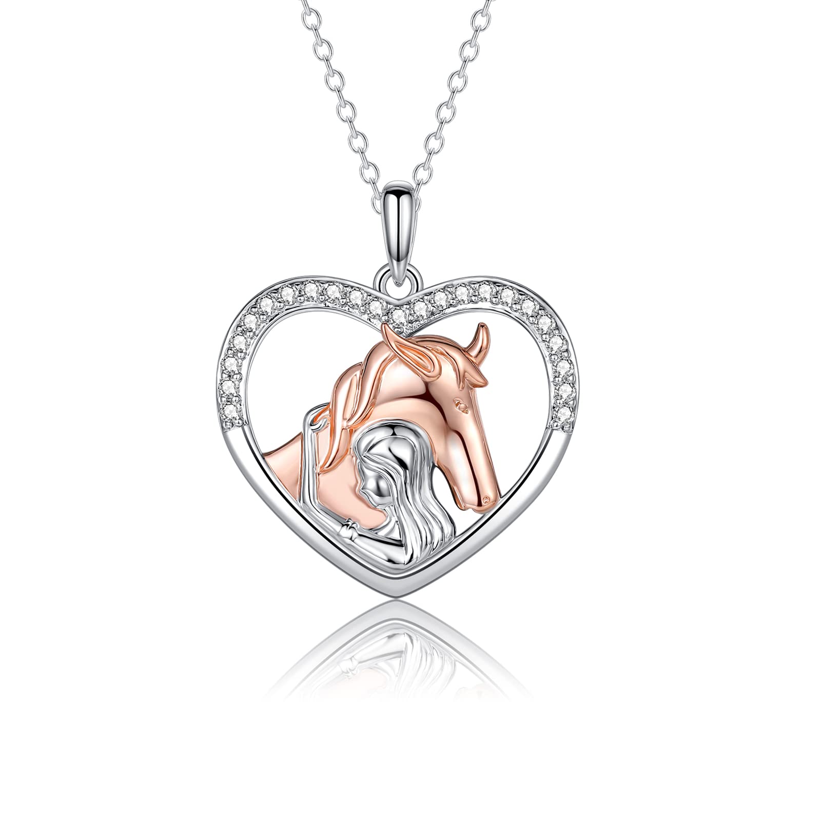 EPIRORA 925 Sterling Silver Horse & Girl Heart Pendant Necklace with Sparkly Cubic Zirconia - Elegant Jewelry Gift for Women, Girls, Horse Lovers - Perfect for Birthday, Anniversary & Special Occasions - 16'' Chain Length